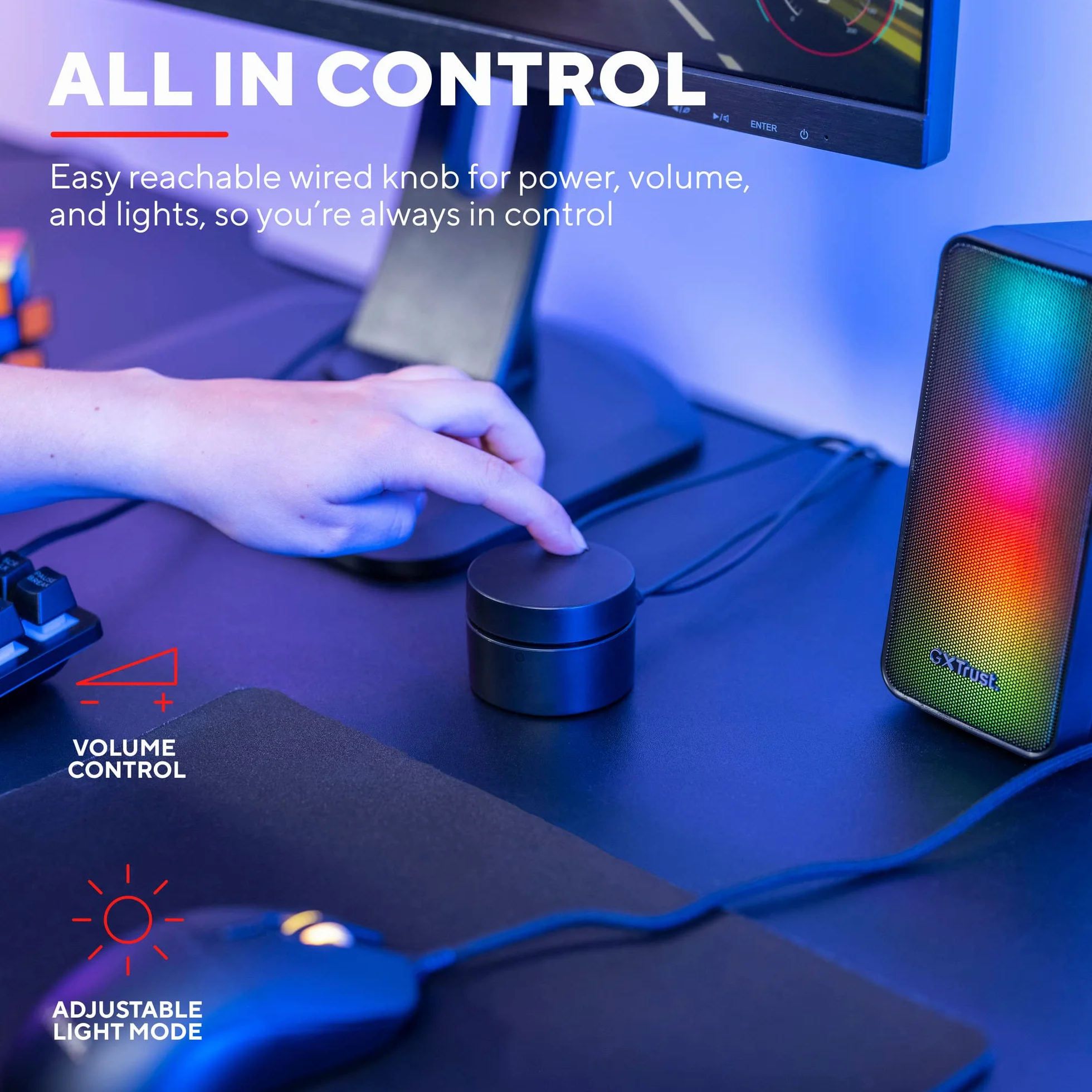 Trust Gaming GXT 611 Wezz 2.0 głośniki do gier z oświetleniem RGB LED 12 W (6 W RMS), zasilanie USB, 3,5 mm, głośniki PC stereo dla komputera, laptopa i gier - czarny