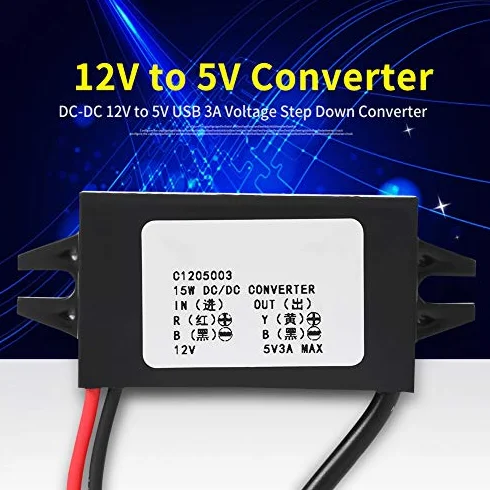 OTVEE Konwerter DC 12V do 5V/3A, Micro USB, Wyświetlacz LED Samochodowy, Zasilacz Converter, Moduł Transformator Adapter