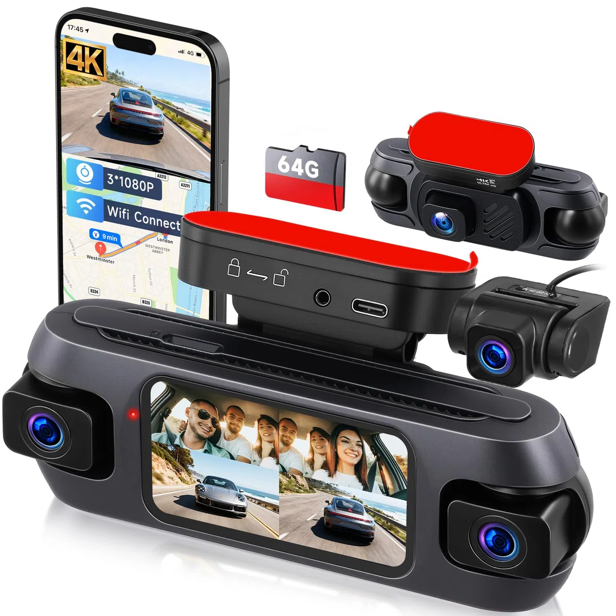 Hodozzy 4-kanałowa kamera samochodowa z Wi-Fi i aplikacją, kamera samochodowa 4K z nagrywaniem w pętli, 3" GPS z noktowizorem, czujnik G, tryb parkowania, wykrywanie ruchu, pomoc w cofaniu + karta TF