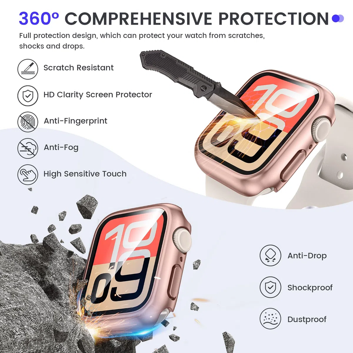 Kamita Wodoodporne etui do Apple Watch Series SE 3/SE 2/SE/6/5/4 44mm, twarde etui PC Bumper z wbudowaną folią ochronną ekranu ze szkła hartowanego, pełne pokrycie ochronne do iWatch 44 (różowe złoto)