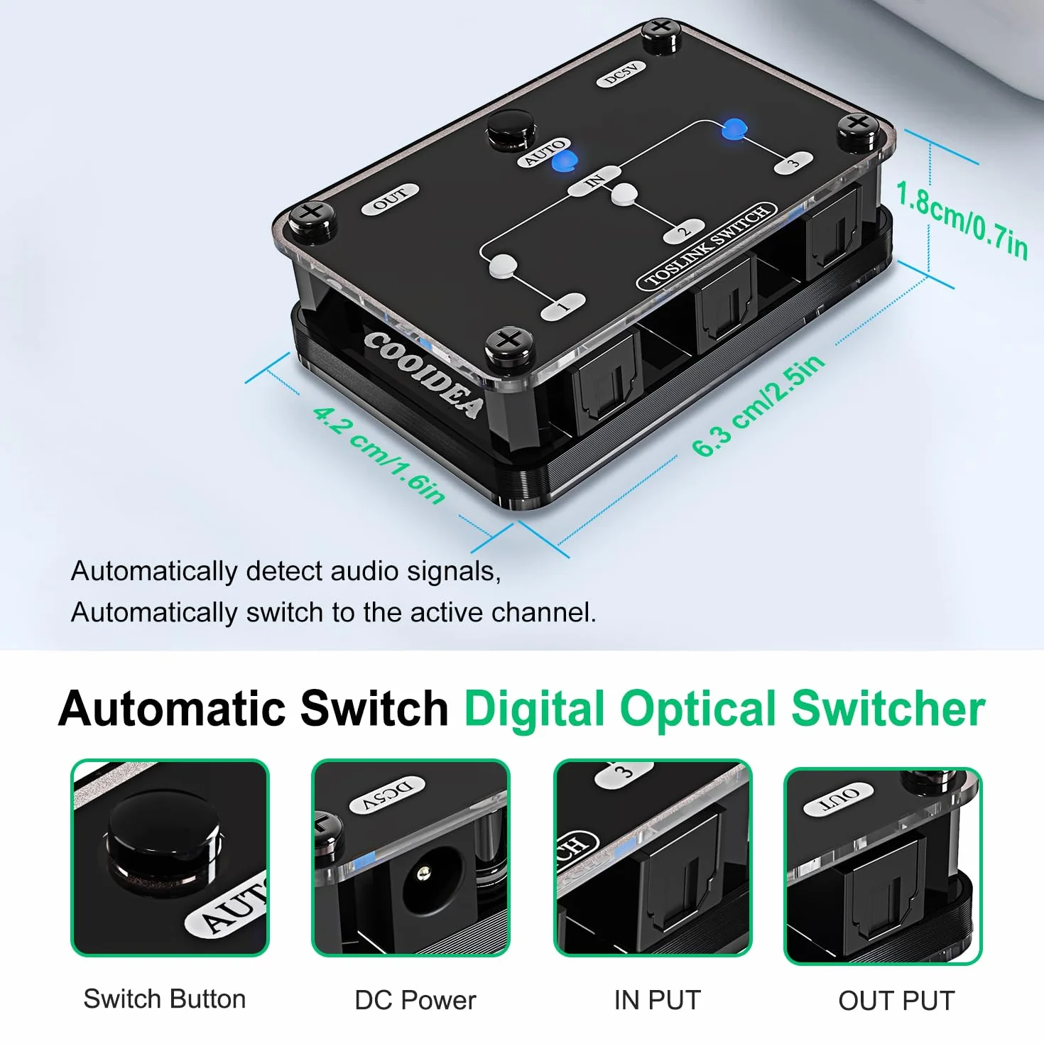 COOIDEA Ulepszony automatyczny przełącznik SPDIF Toslink cyfrowy przełącznik optyczny 3x1 z bezprzewodowym pilotem obsługuje 192k/24Bit PCM2.0 DTS Dolby-AC3 kompatybilny z telewizorem, Xboxem