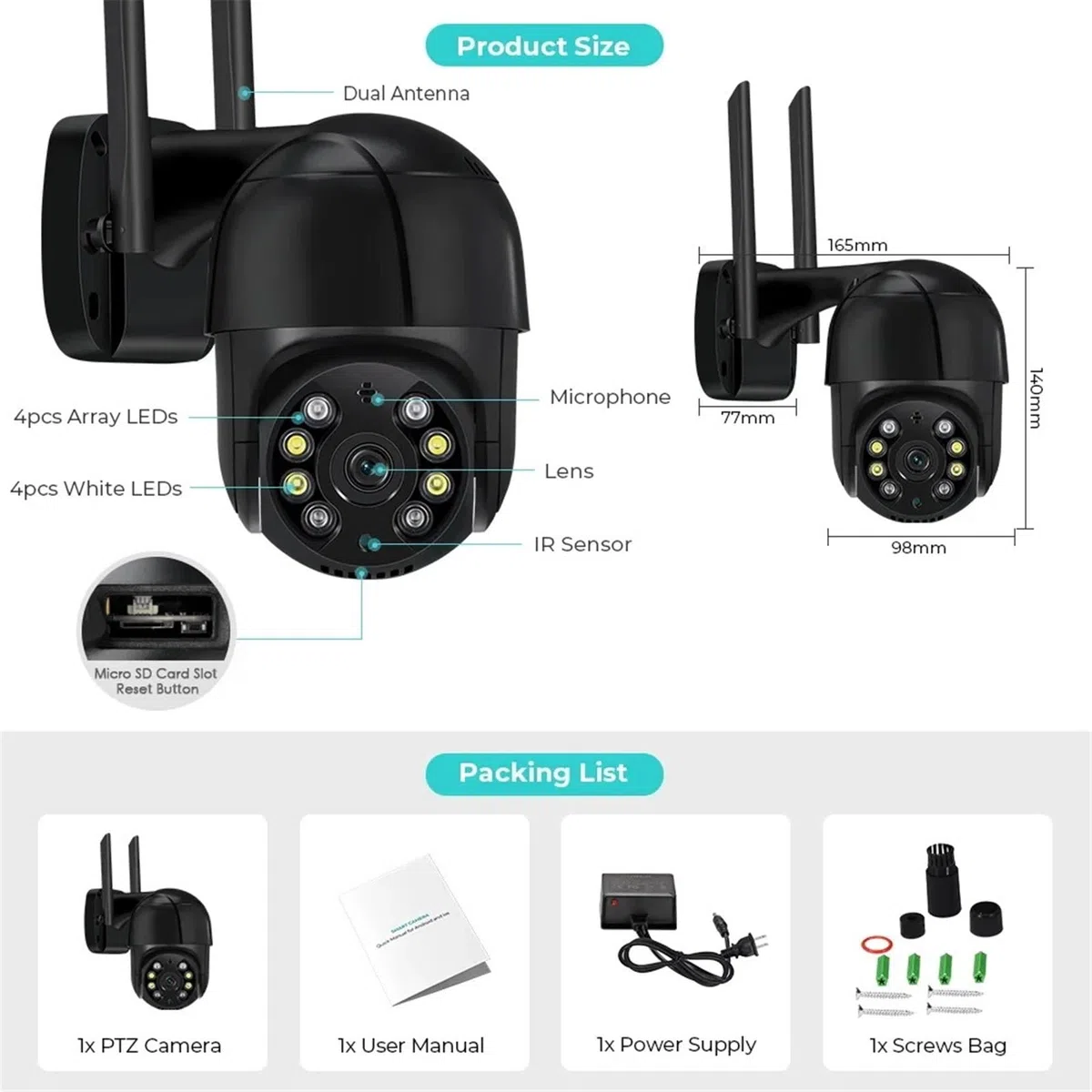 Kamera bezpieczeństwa, Kamera IP 3MP zewnętrzna bezprzewodowa WIFI Speed ​​Dome z automatycznym śledzeniem PTZ, inteligentny monitor domowy(Add 128G Card)