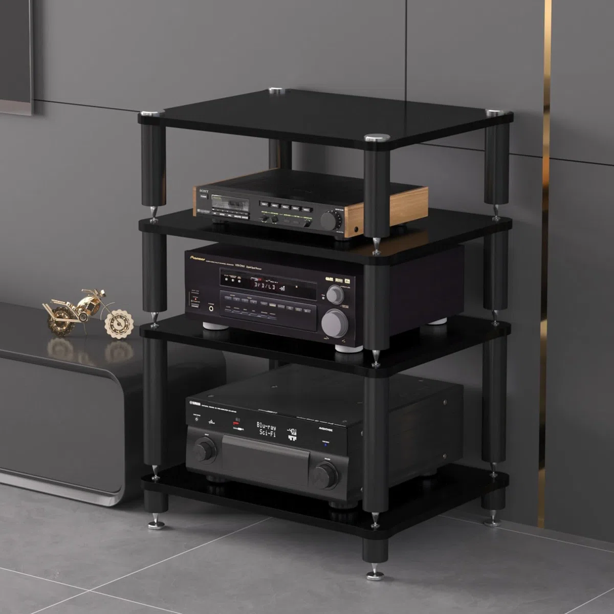 Stojak stereo, stojak na nośniki AV, wieża centrum rozrywki, wyświetlacz do gramofonu i odbiornika stereo, rozwiązanie do przechowywania sprzętu audio w salonie