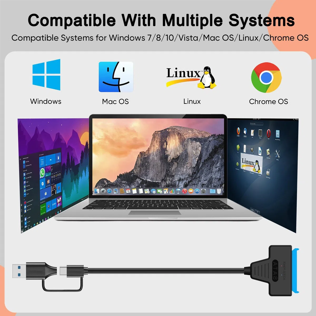 Unnderwiss kabel Sata usb adapter do dysków twardych Sata na usb Kompatybilny z zewnętrznymi i wewnętrznymi dyskami twardymi SSD/HDD 6,35 / 8,89 cm Adapter Kompatybilny z systemami operacyjnymi