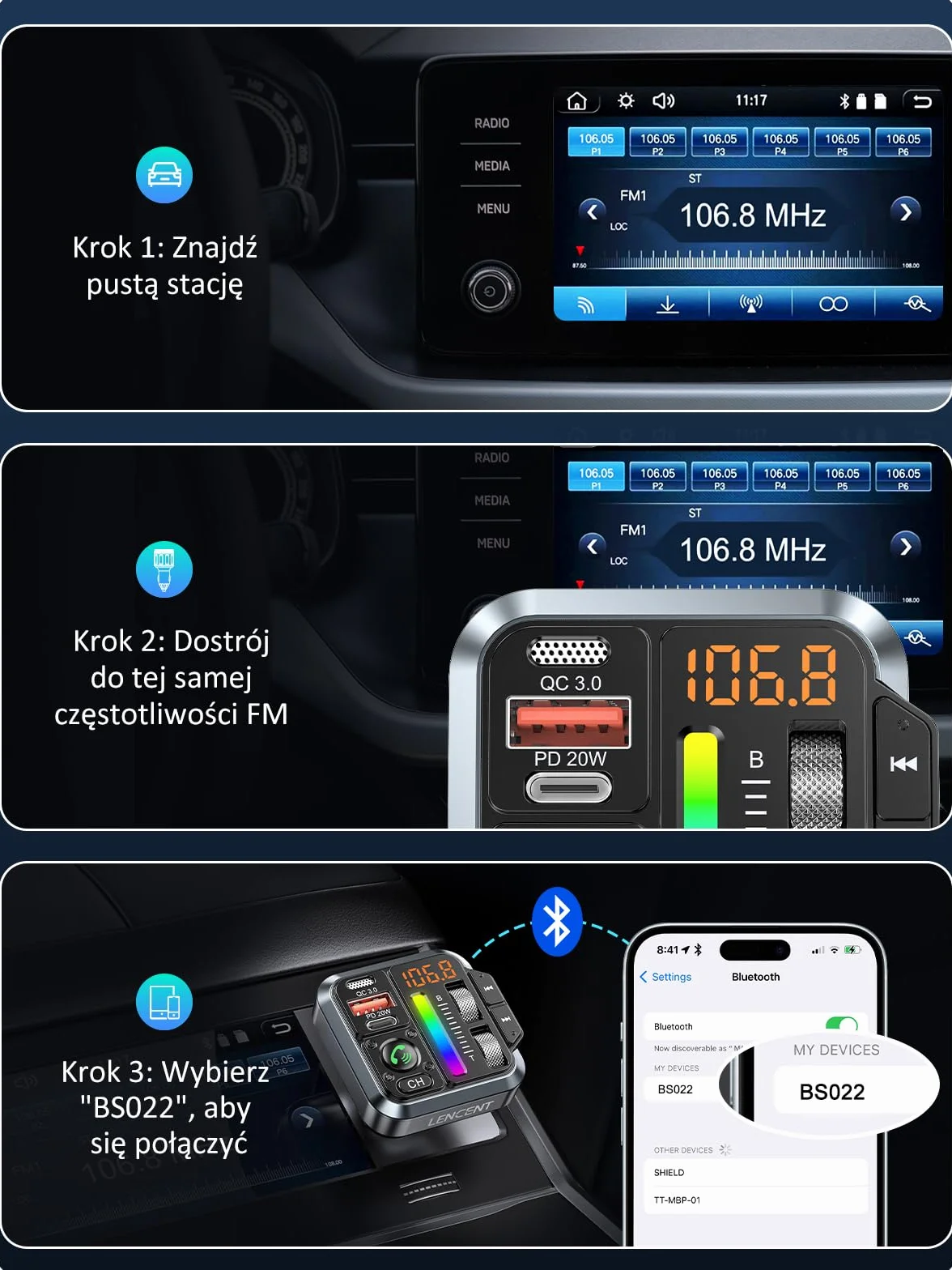 LENCENT 5.3 Samochodu Nadajnik FM Bluetooth, Bezprzewodowy Adapter Radiowy z Typ C PD 20 W + QC3.0 ładowarka Fast USB, Zestaw Głośnomówiący, Odtwarzacz Stereo MP3, Obsługuje dysk U, Kolorowe światło