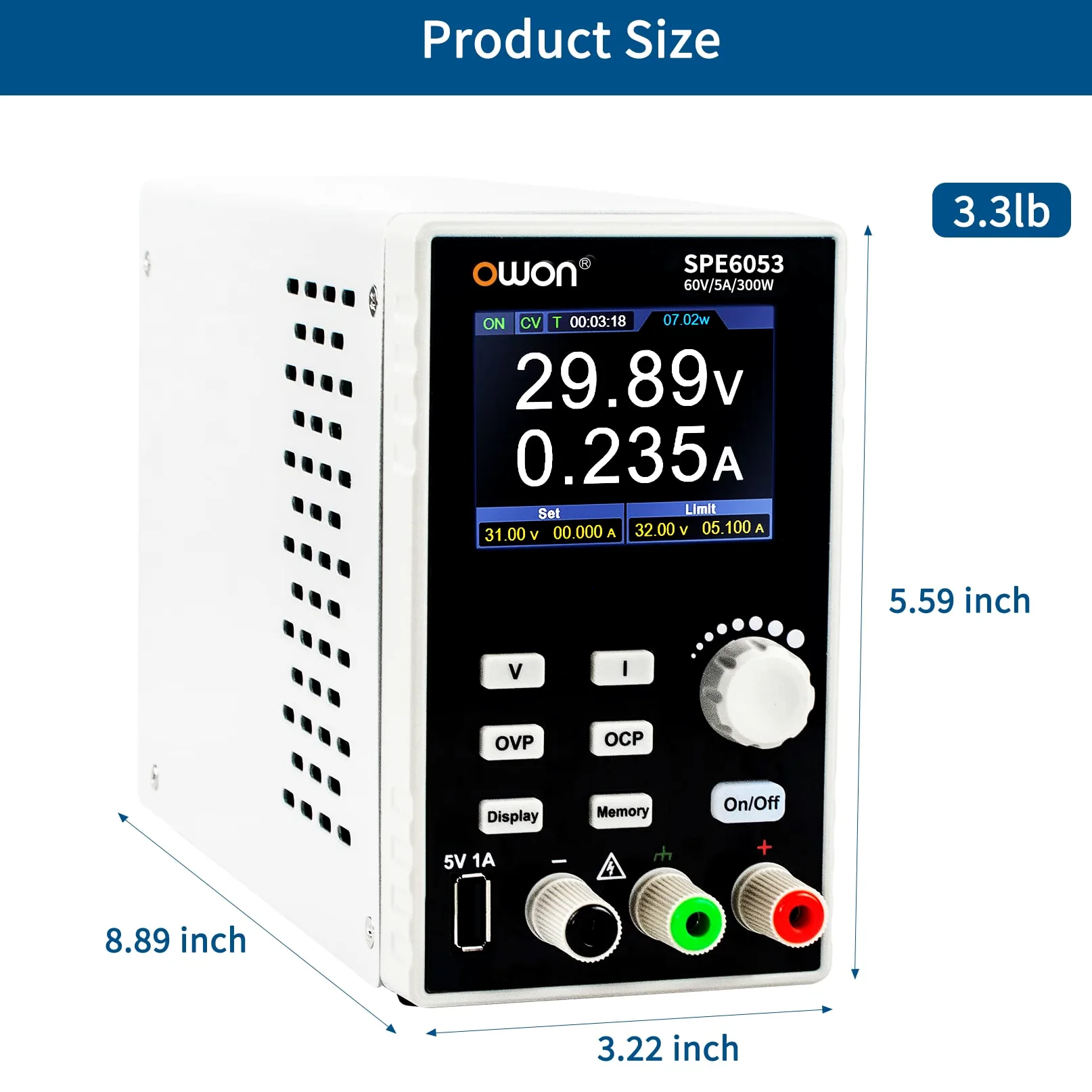 OWON 6053 Zasilacz DC, 300 W, 60 V/5 A, wysoka rozdzielczość przy 10 mV/1 mA, przenośny zasilacz stołowy z TFT LCD, jednokanałowy zasilacz przełączający do testowania, naprawy i badań elektronicznych