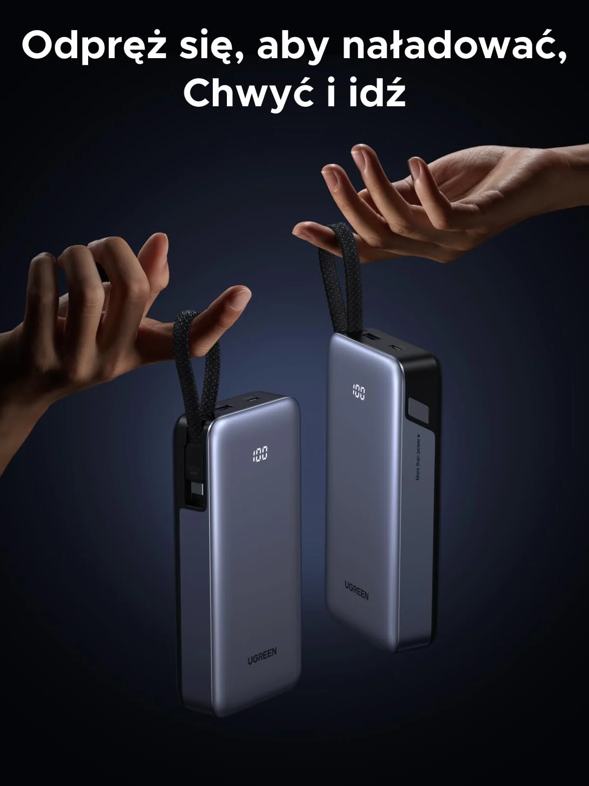 UGREEN Power Bank 20000 mAh 45W zintegrowany kabel USB-C dwukierunkowe zasilanie zewnętrzna bateria Galaxy S25+/Ultra