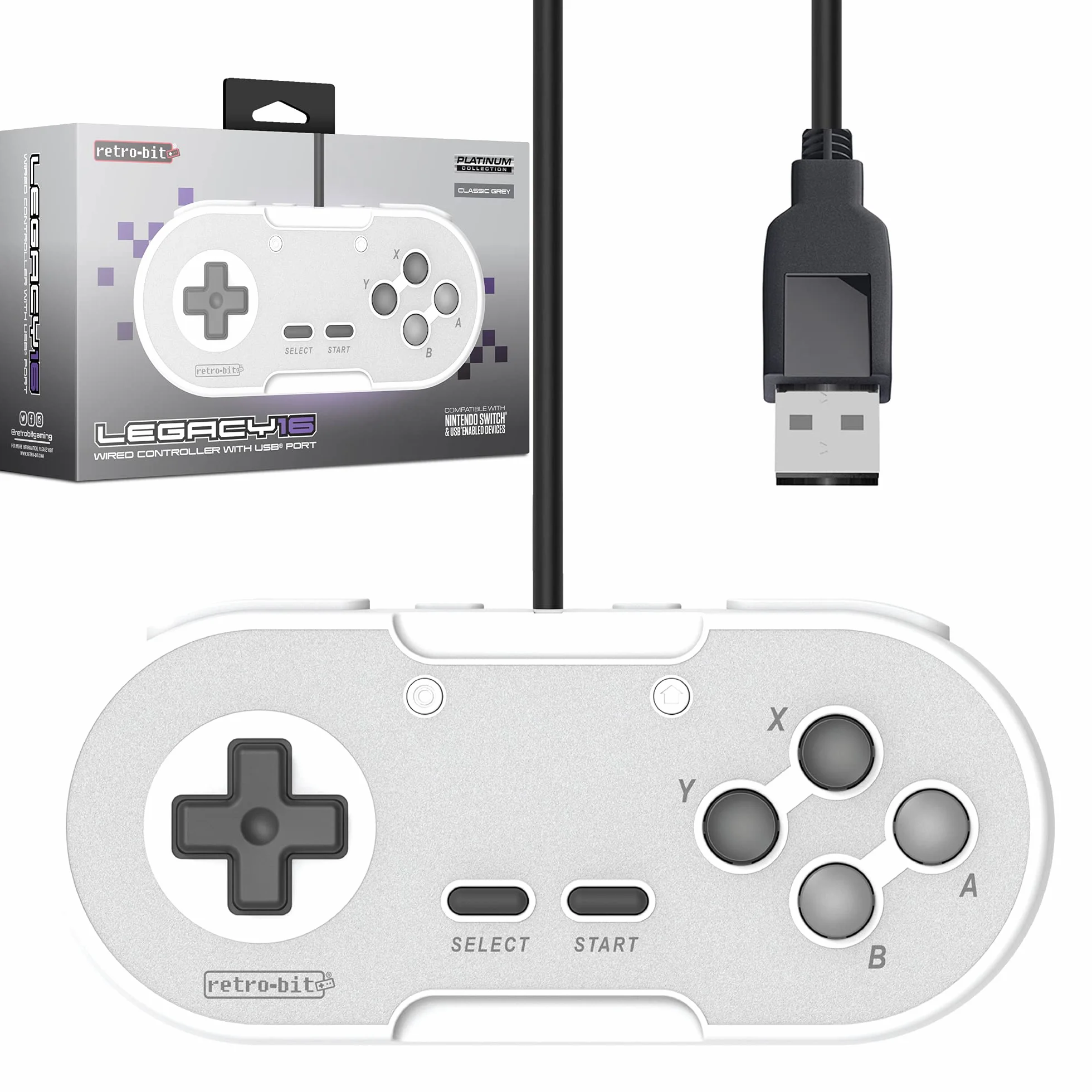 Retro-Bit Legacy 16 Przewodowy kontroler USB do przełącznika, PC, MacOS, RetroPie, Raspberry Pi - Grey - - Nintendo Switch