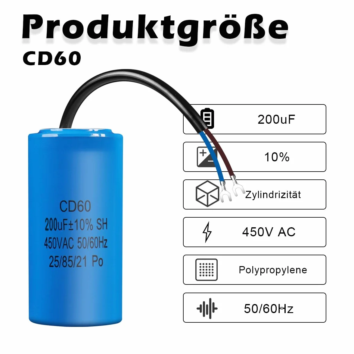 Kondensator CD60 AC 450V 200uF 50/60Hz rozruchowy silnika z przewodem