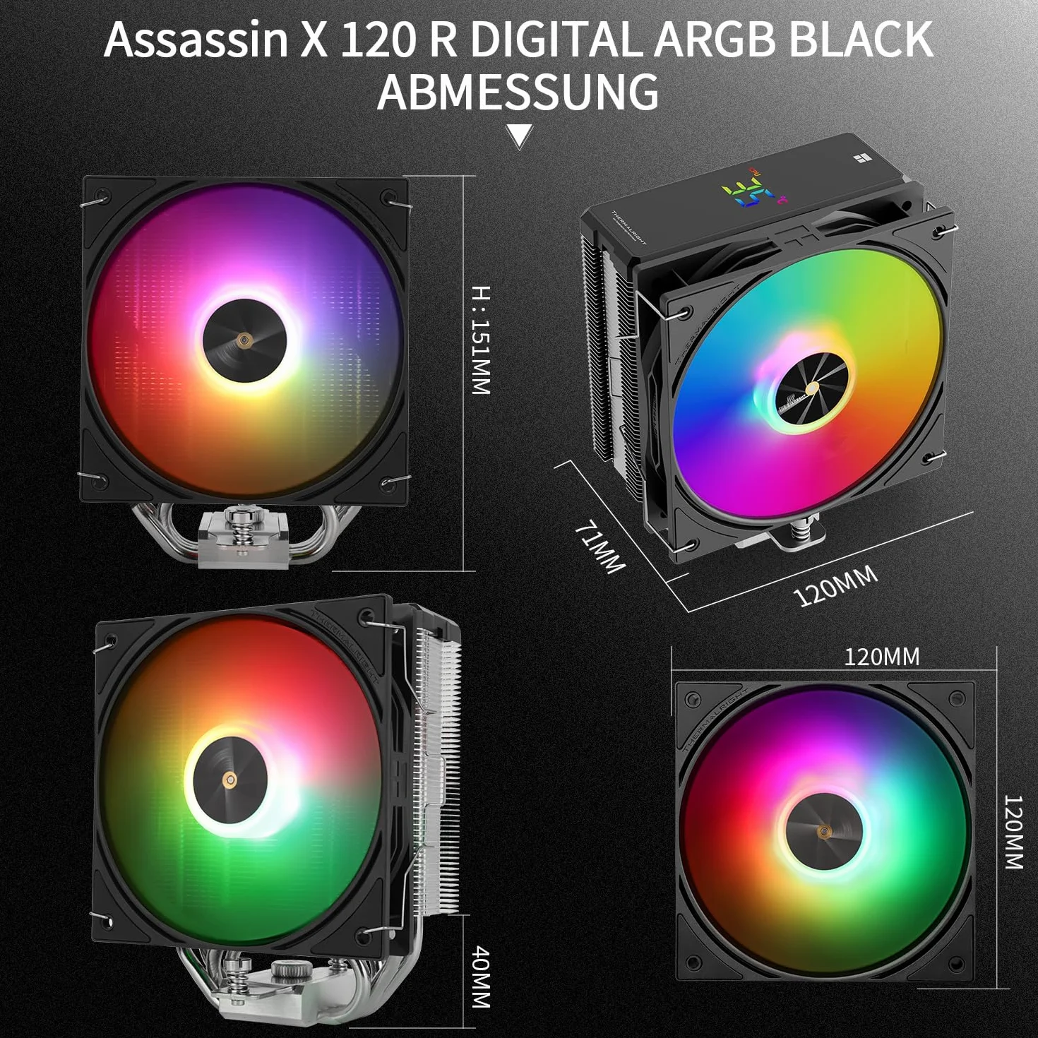 Thermalright Assassin X 120R cyfrowy procesor ARGB Black CPU, cyfrowy ekran Top Cover, TL-P12-S PWM Quiet Fan CPU, chłodzenie powietrza, obsługa AM4/AM5, Intel LGA1851/1700/1150/1151/1200