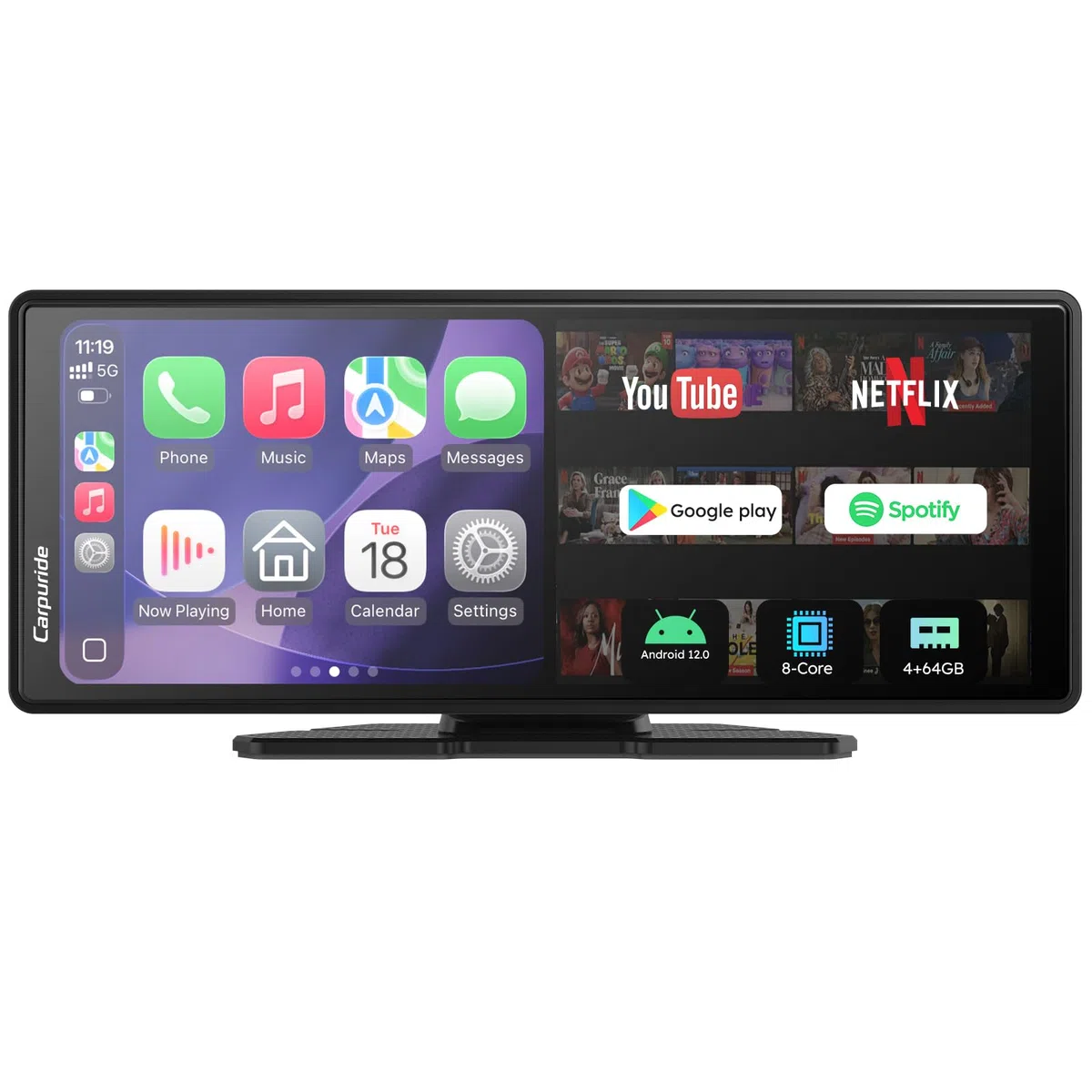 CARPURIDE W903Plus Bezprzewodowy CarPlay i Android Auto 4+64 GB, 9,3-calowy ekran dotykowy HD IPS CarPlay do samochodu, GPS online i offline, Mirror Link, Bluetooth, antena GPS, kamera cofania