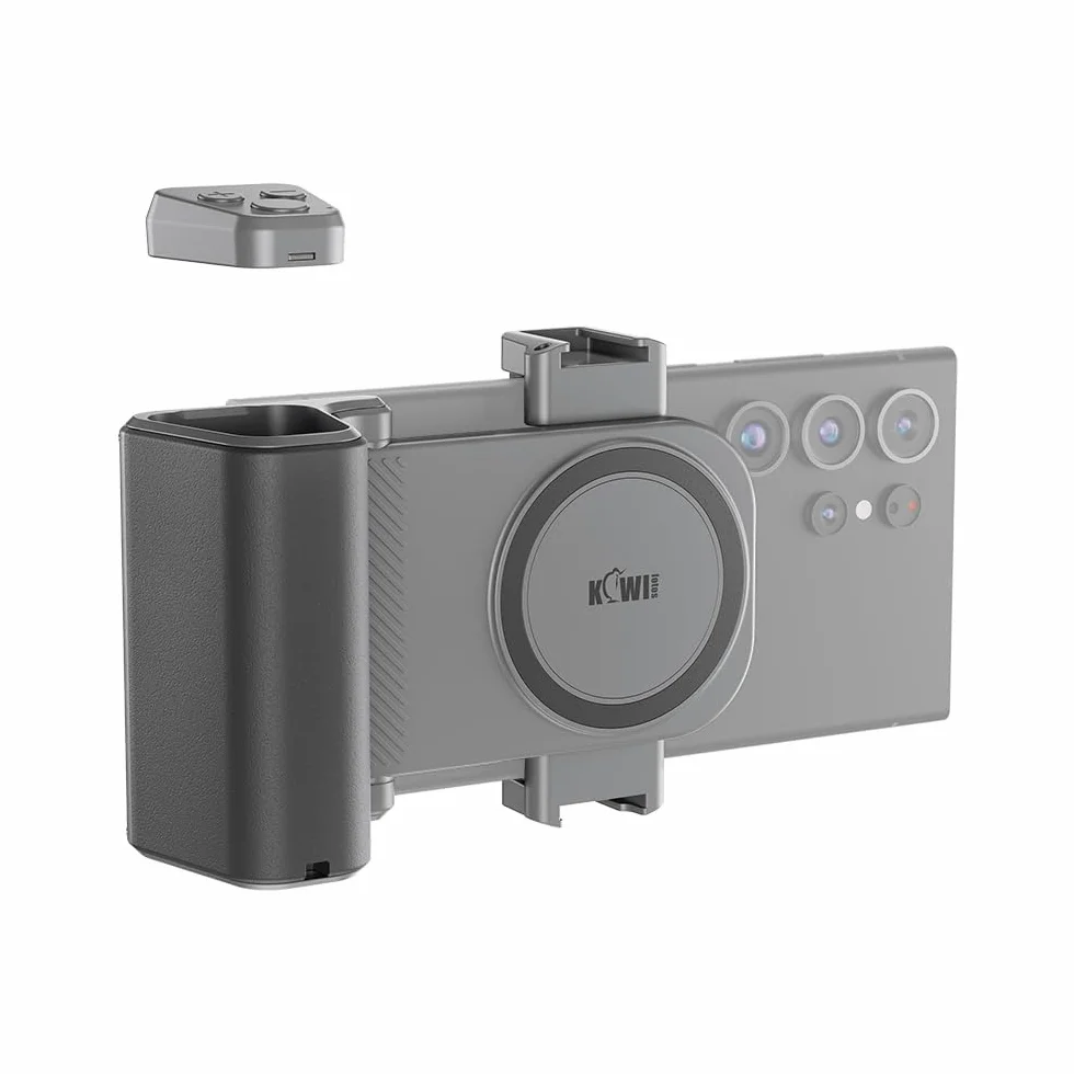 KIWIFOTOS Ulepszona kamera do smartfona, duży uchwyt, pasuje do dużej dłoni, odłączany pilot Bluetooth, nagrywanie wideo vloggera, zatrzaskowy uchwyt do telefonów iPhone Andriod, szerokość 59-85 mm