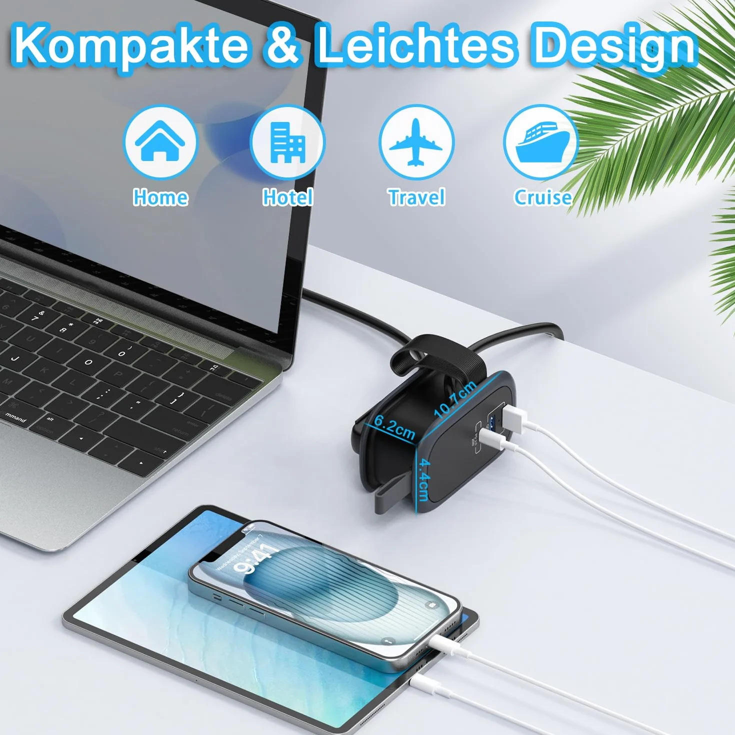 Podróżna listwa zasilająca z 3 gniazdami USB, 4000 W/16 A i szybkim ładowaniem USB C, z wieloma wtyczkami, zabezpieczeniem przeciwprzepięciowym w gnieździe dystrybucyjnym z przedłużaczem owiniętym 1,1