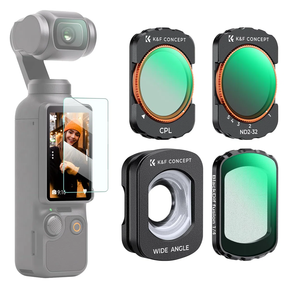 K&F CONCEPT Zestaw filtrów 4-pak kompatybilny z DJI Osmo Pocket 4/3 | Magnetyczny CPL + obiektyw szerokokątny + ND2-32 + czarne filtry dyfuzji 1/4, szkło optyczne z 28-warstwową nanopowłoką FD161