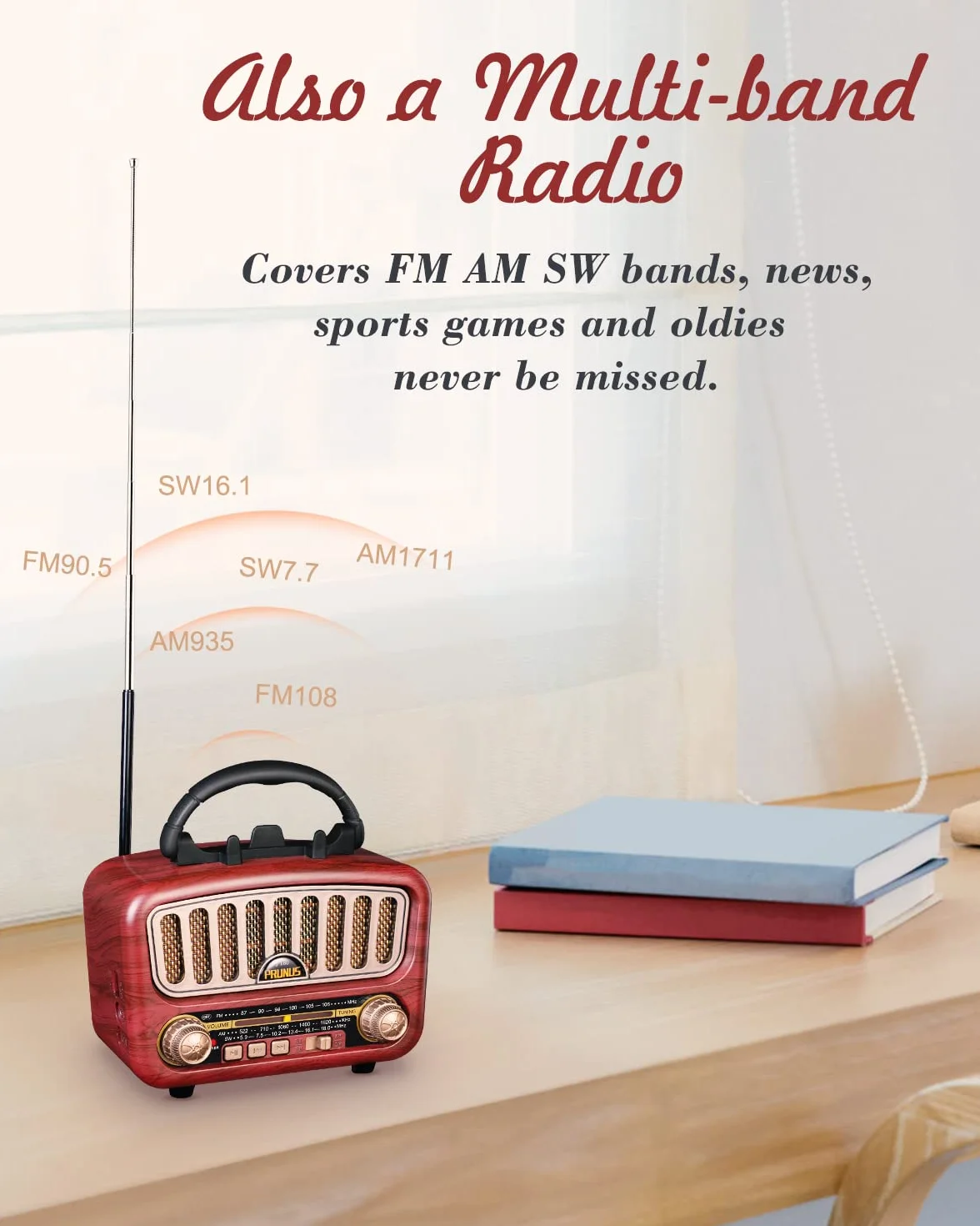 PRUNUS J-180 AM/FM/SW retro radio z Bluetooth 5.0, nostalgiczne radio małe z akumulatorem 1800 mAh, obsługuje funkcję USB/TF/AUX, z dużym głośnikiem 5 W, radio walizkowe, radio kuchenne do biura i
