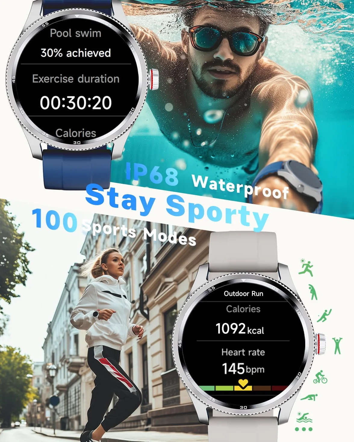 TOOBUR Inteligentny zegarek dla mężczyzn i kobiet, metalowa ramka z krokomierzem, smartwatch 100 sportowych, odpowiadanie za połączenie telefoniczne i pulsometr, wodoodporny IP68 do pływania