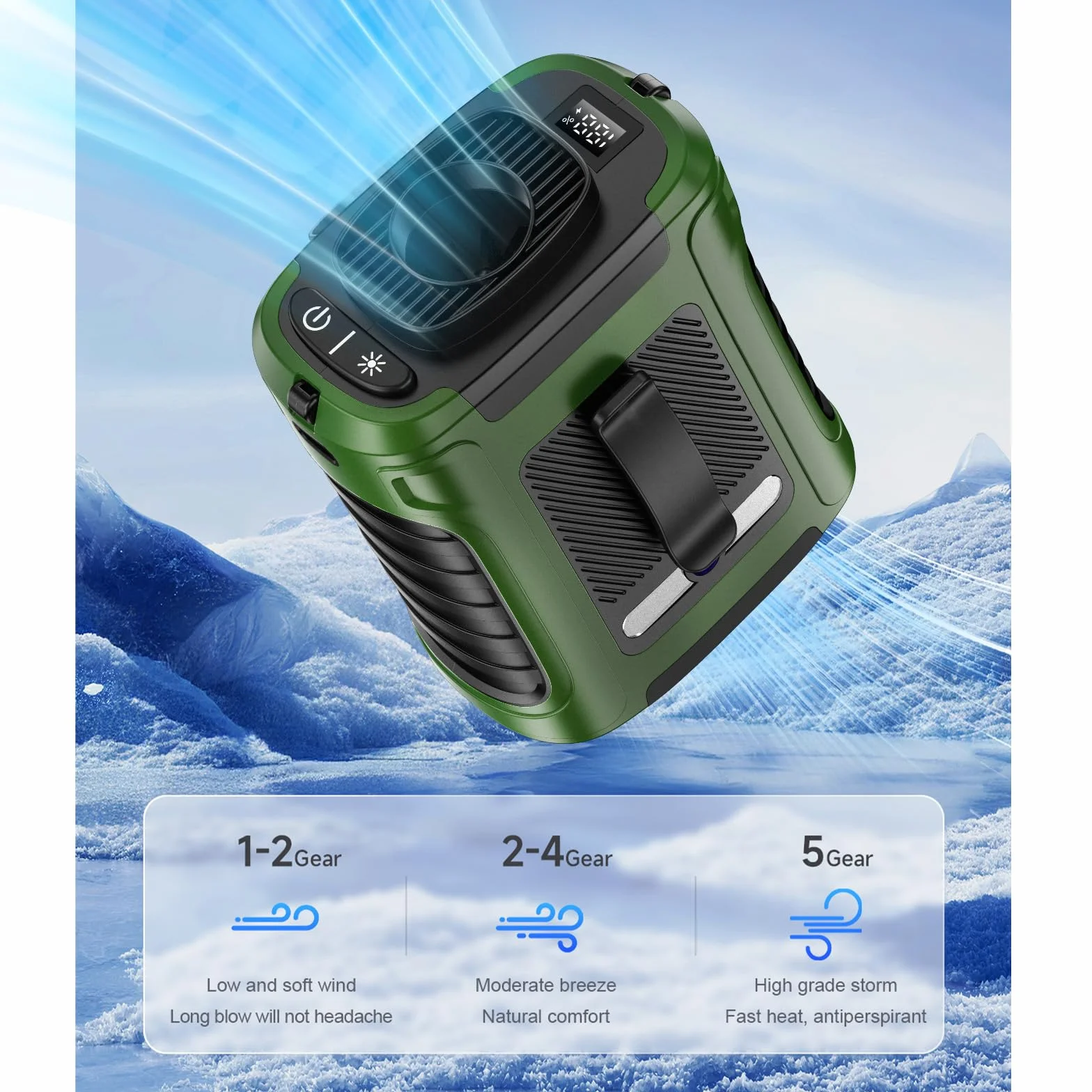 Gemmac Przenośny wentylator do użytku na zewnątrz, wentylator USB z wentylatorem Clip, przenośny mini wentylator z 5 poziomami i oświetleniem, do uprawiania sportu na świeżym powietrzu, na kemping