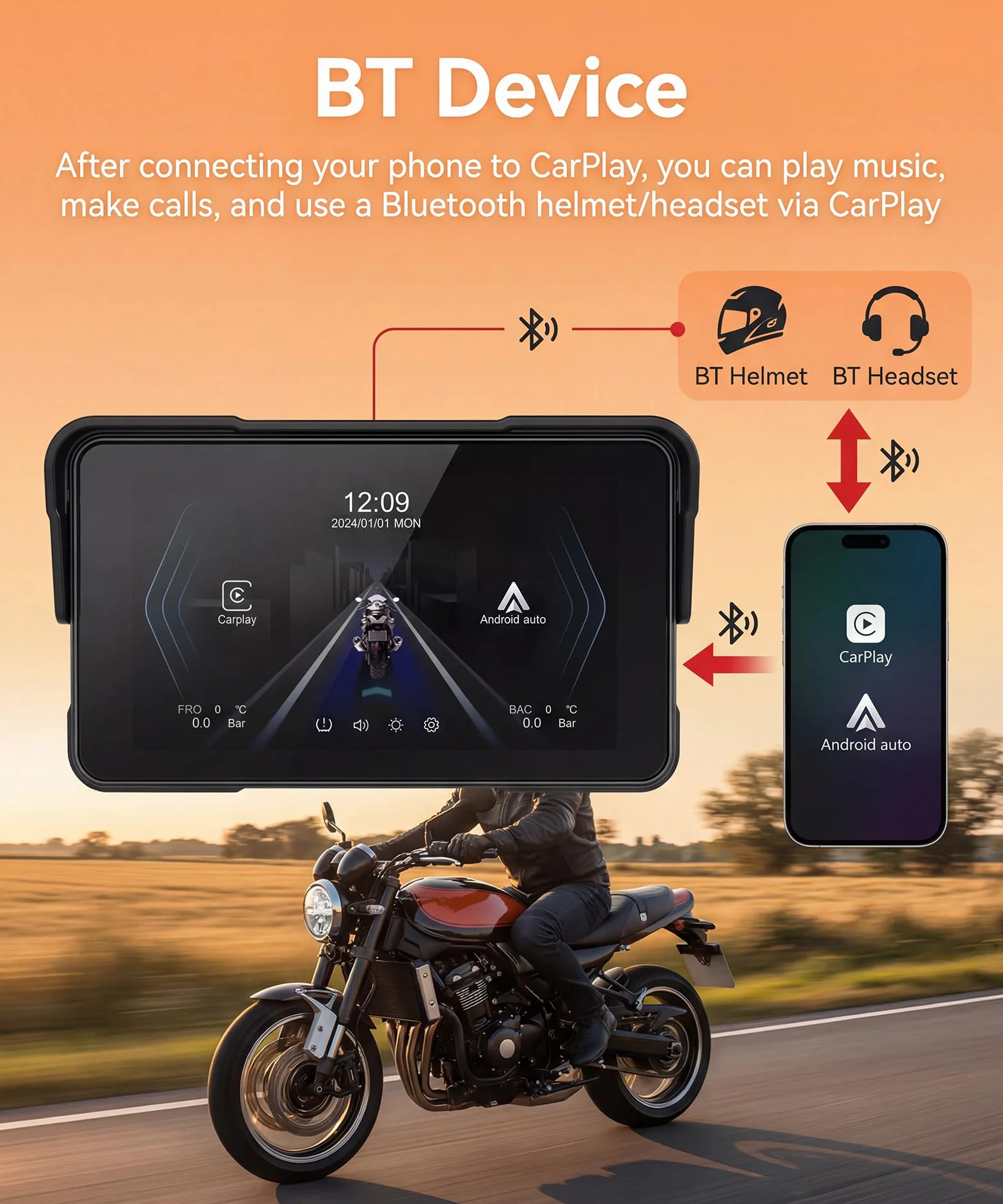 Rimoody Motocyklowy wyświetlacz CarPlay 5" z kontrolerem kierownicy, zdejmowany stojak, bezprzewodowy wyświetlacz CarPlay i Android Auto do motocykli, bezprzewodowe radio samochodowe CarPlay