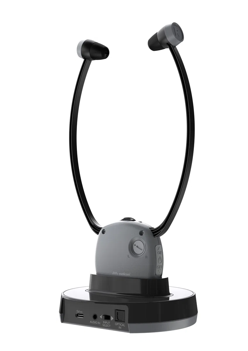 Meliconi Zestaw słuchawkowy do telewizora Easy Audio, cyfrowy model Steto z wejściem optycznym, mikrofonem otoczenia, regulacją głośności, podstawą ładowania, zasięg 20 m, zrównoważony dźwięk do