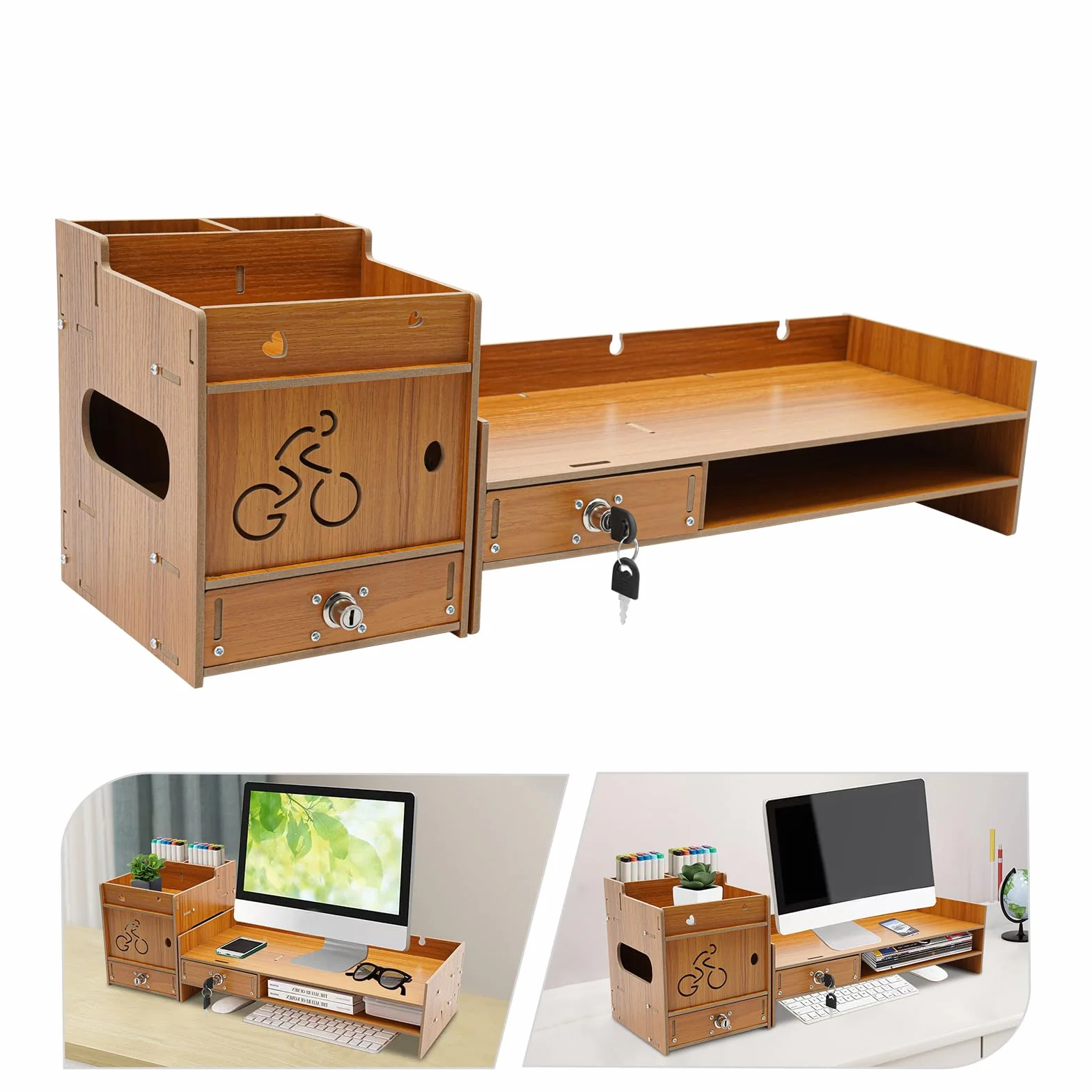 Stojak pod monitor z uchwytem na telefon komórkowy i szufladą, półka, 48 x 20 x 13,5 cm, drewniana podstawa, stojak na laptopa, laptopa, notebooka, drukarki