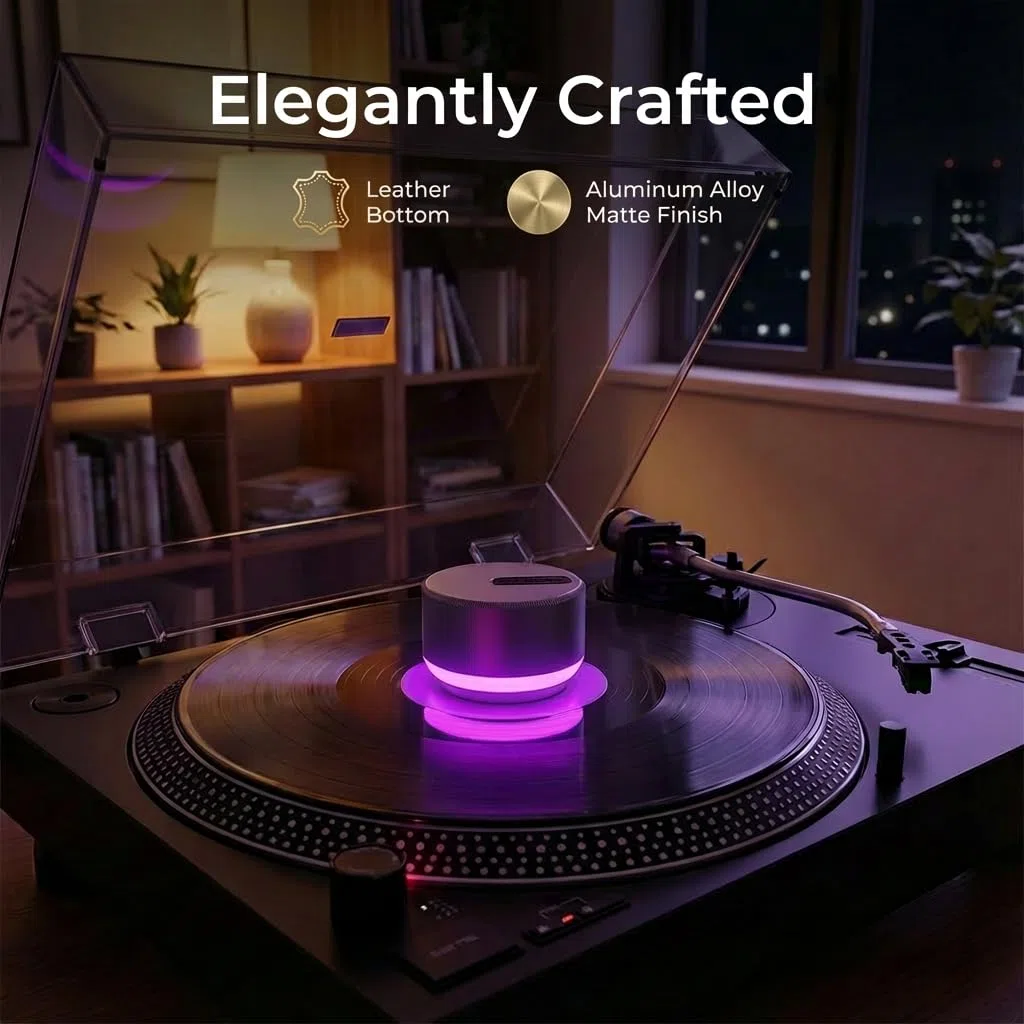 HumminGuru LUMI Stabilizator Ciężaru Płyty i Tester Prędkości Gramofonu Dysk Stroboskopowy i Światło 33/45/78 RPM | LP 300 g Aluminiowy Zacisk Ciężarków Lampa Oświetlenia Ambientowego 9 LED Kolorów