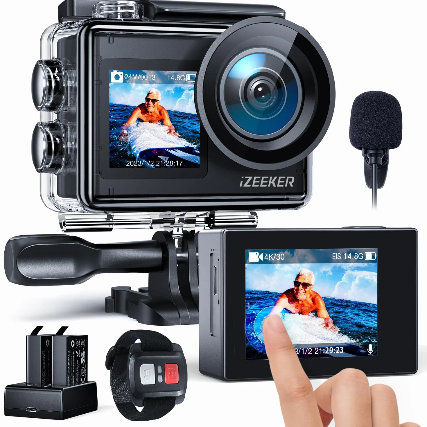 iZEEKER Action Cam 4K, 24MP HD Fotocamera Subacquea Impermeabile 40M Telecamera per Casco con Doppio Schermo, Microfono Esterno, Telecomando 2.4G, Batteria 2x1350mhA