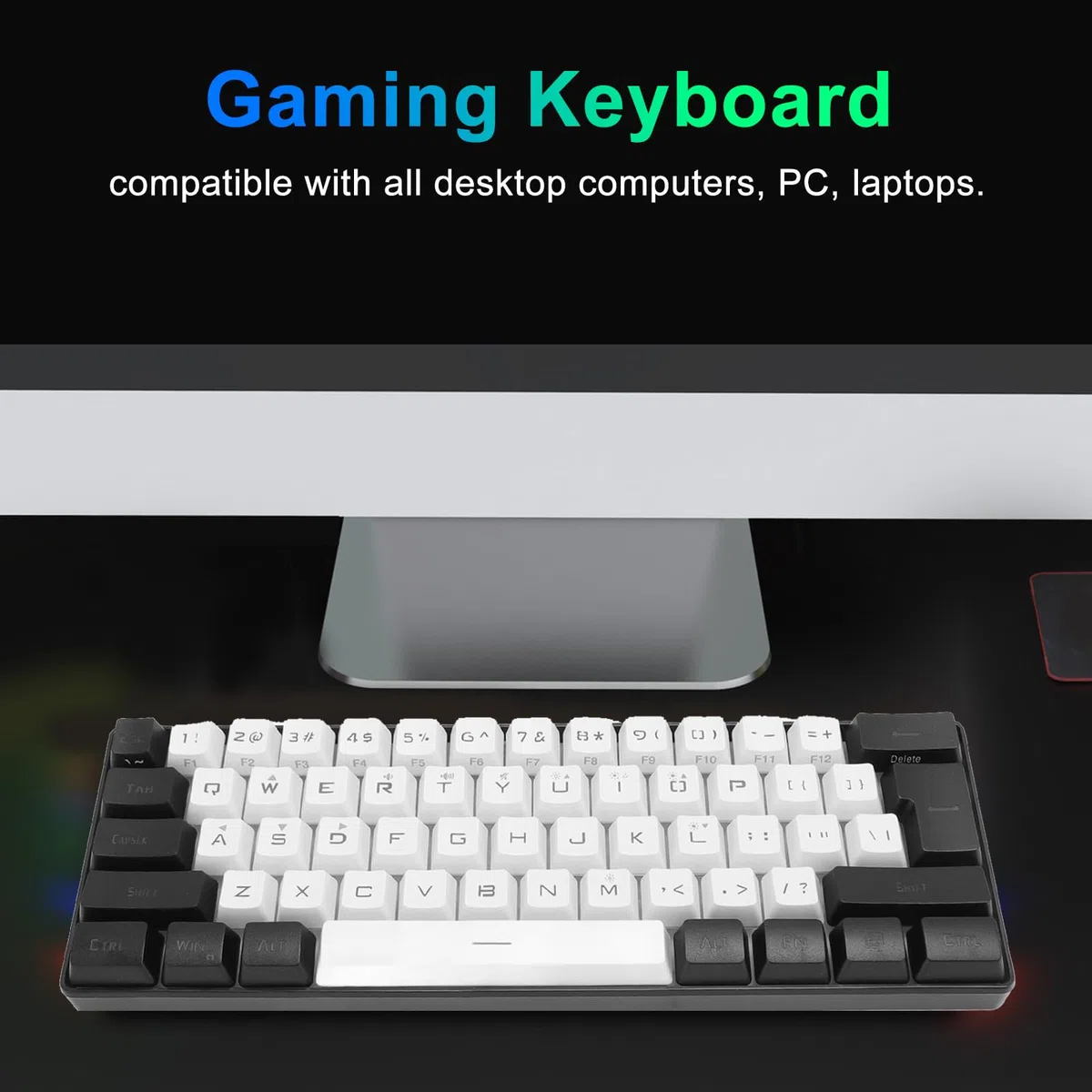 Mechaniczna klawiatura do gier, 61 klawiszy, 60% kompaktowa klawiatura do gier z 7-kolorowym podświetleniem RGB, przewodowa klawiatura USB do laptopa stacjonarnego i podróżna (czarno-biała) (biał