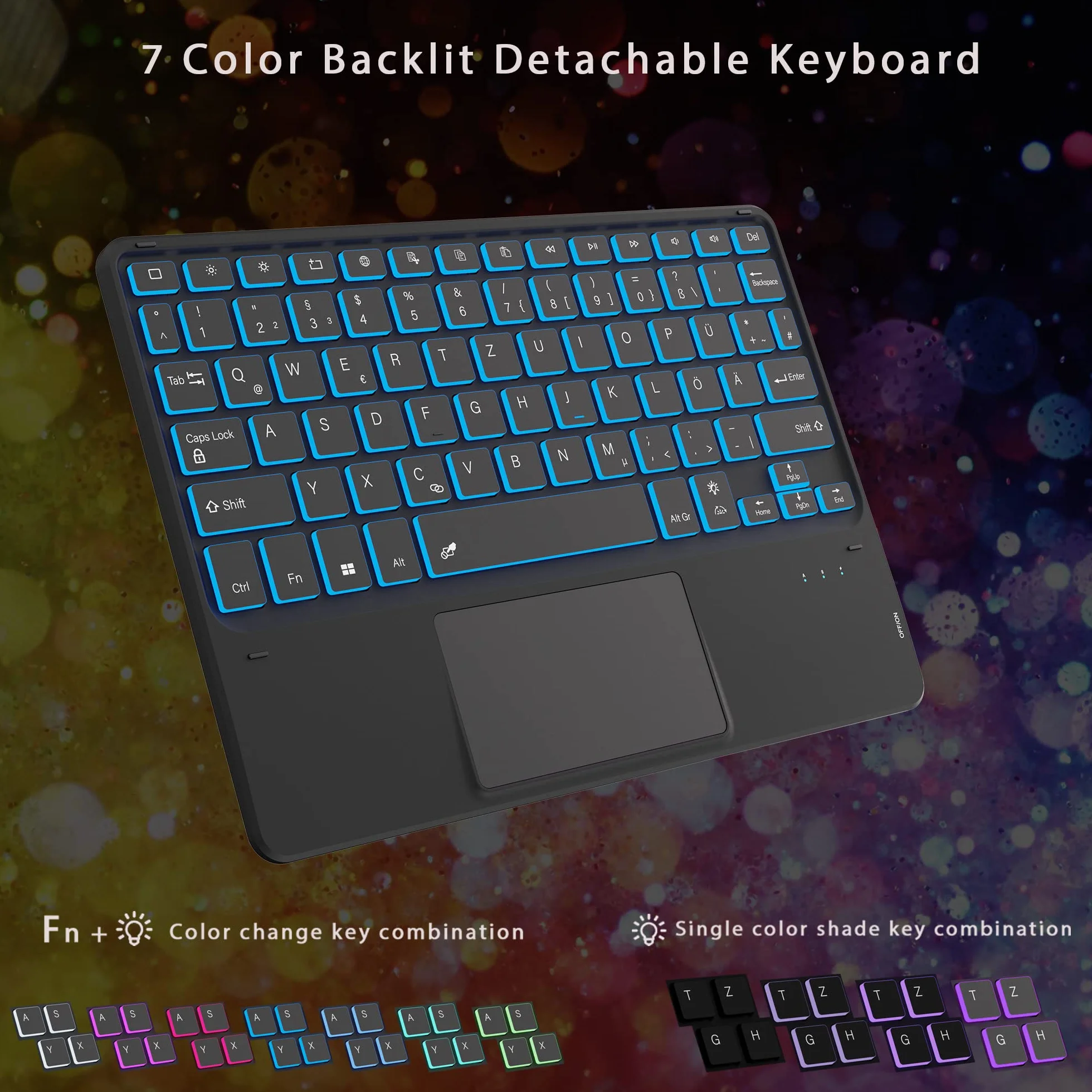 Etui na klawiaturę do Samsung Galaxy Tab S9 FE - 7 kolorowych oświetlenia touchpad tablet Cover z uchwytem na długopis - podświetlana klawiatura niemiecka QWERTZ Layout