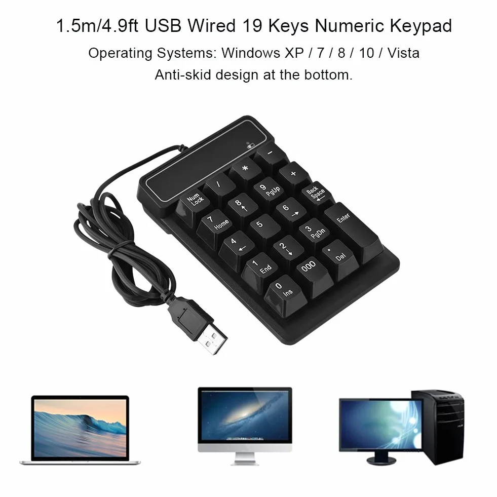 Richer-R Klawiatura cyfrowa 1,5 m / 5FT USB przewodowa pełnowymiarowa 19 klawiszy klawiatury numerycznej dodany klucz 000 do przenośnego komputera stacjonarnego z systemem Windows (czarny)