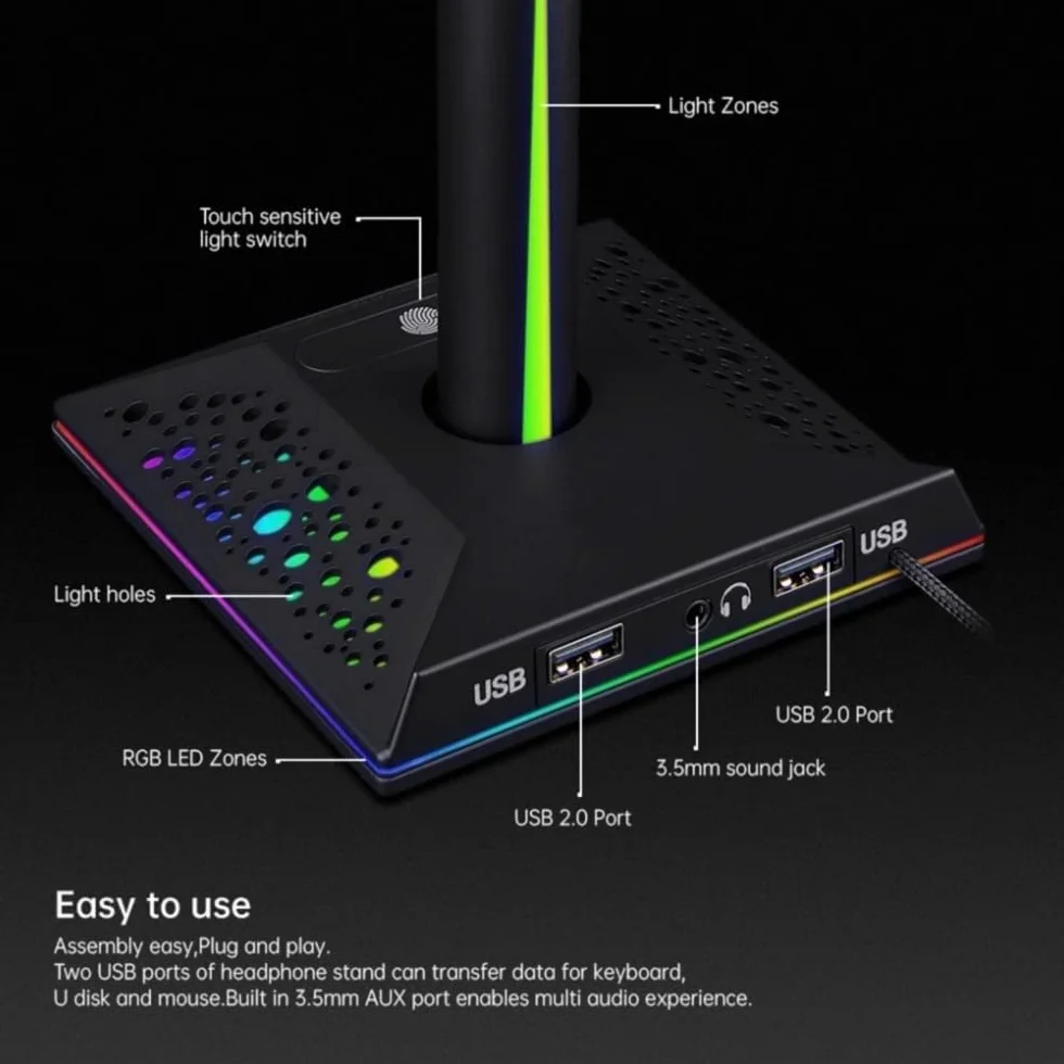 Montaż słuchawkowy, Uchwyt dla graczy RGB Stół do domowego biura Antypoślizgowy uchwyt na słuchawki z podwójną ładowarką USB 2(Roze)