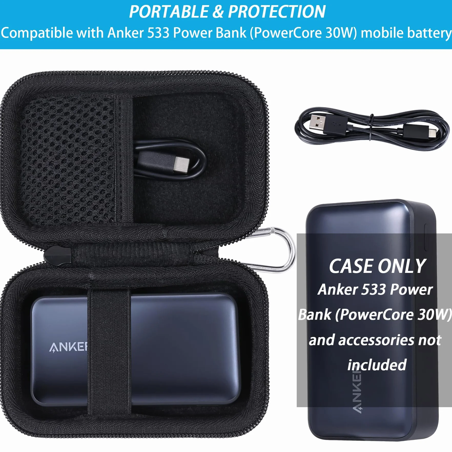 Khanka Zamienny twardy futerał do Anker Nano 30W Power Bank 10000 mAh, pokrowiec podróżny, czarny