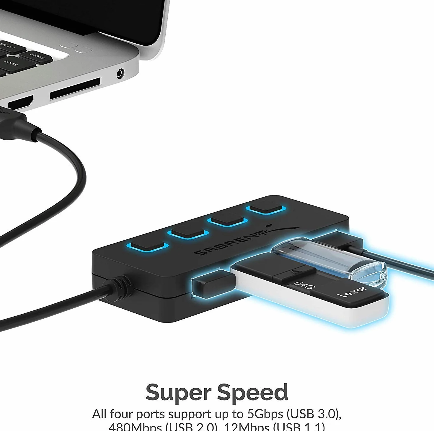 SABRENT Hub USB 3.2 Gen 1 4 porty listwa zasilająca USB rozdzielacz przełączniki ON/OFF diody LED zasilacz do PC laptopa