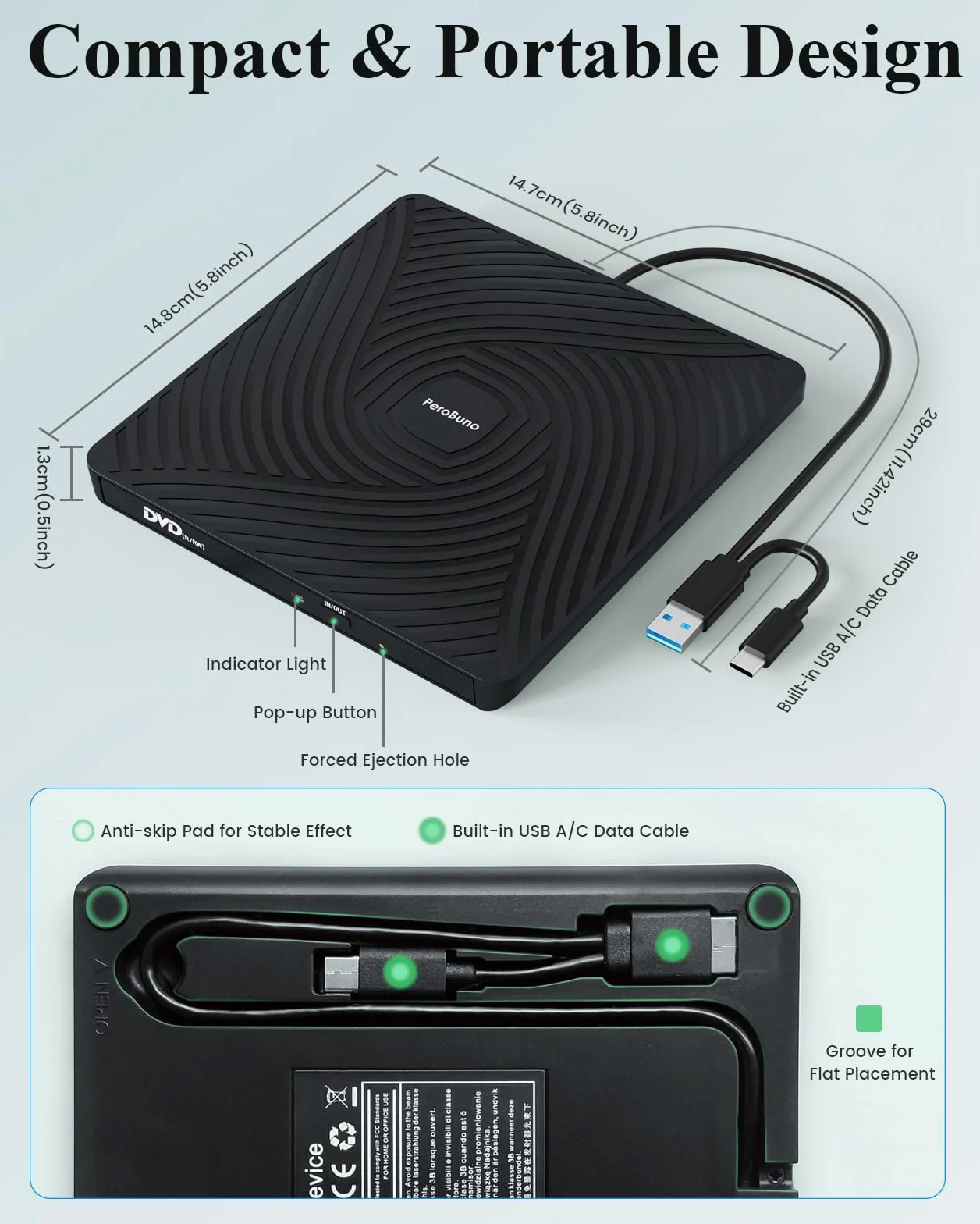 PeroBuno Zewnętrzny Napęd CD DVD, Napęd Optyczny USB 3.0 Typu C, 0,5-calowy Ultra-Slim Przenośny Odtwarzacz Płyt CD ROM Do Laptopów PC Windows 11/10/8/7 Linux Mac OS