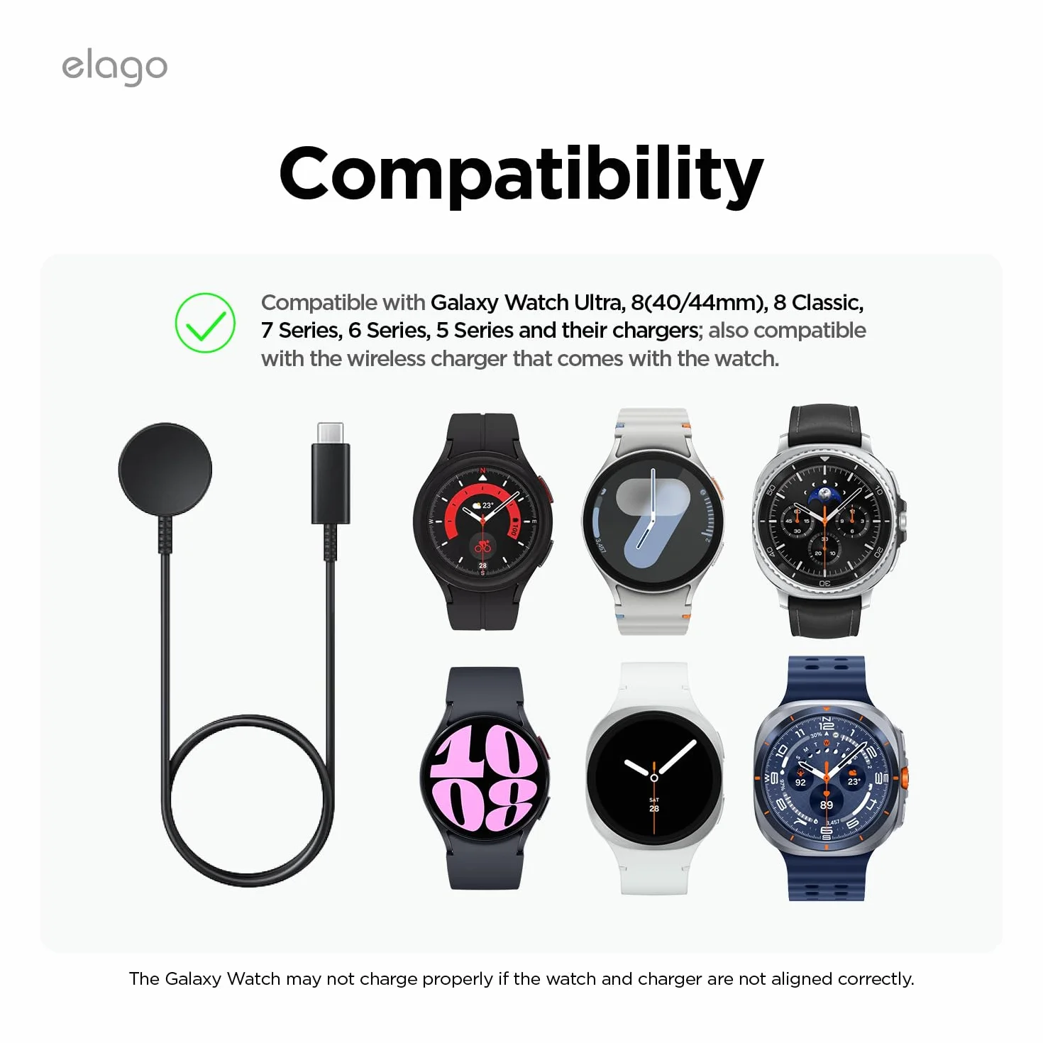 Elago Stojak na ładowarkę do Samsung Galaxy Watch 7/7 Ultra, 6/6 Classic, 5/5 Pro [40/43/44/45/47mm], tryb szafki nocnej, zarządzanie kablami (kabel do ładowania nie wchodzi w zakres dostawy), czarny