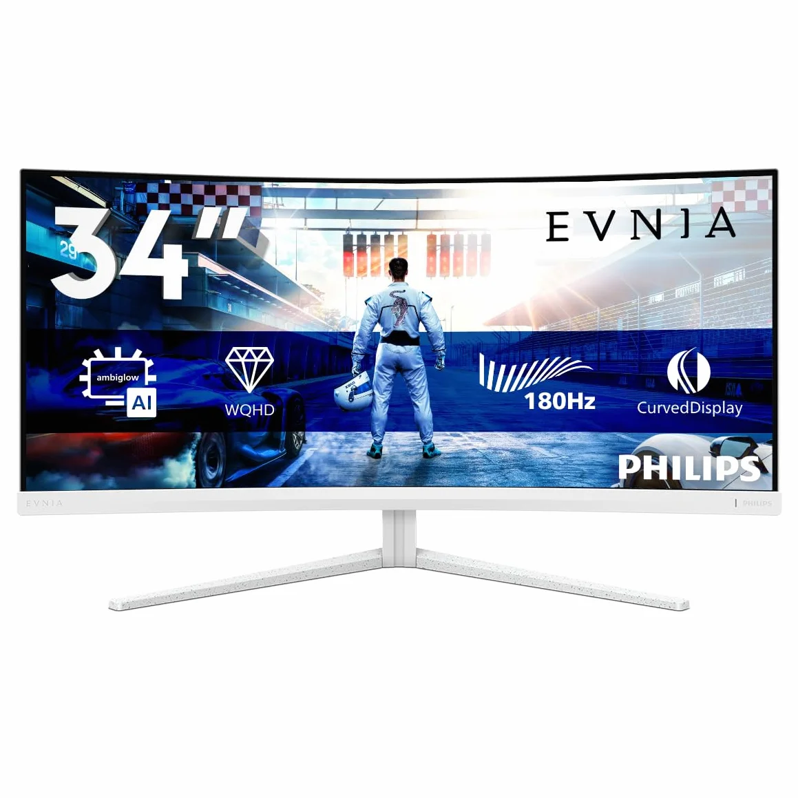 Philips Evnia 34M2C5501A - 34" WQHD zakrzywiony monitor do gier, 180 Hz, 1 ms, FreeSync Premium, Ambiglow (3440 x 1440, 2 x HDMI 2.0, 1 x DisplayPort 1.4, koncentrator USB), biały