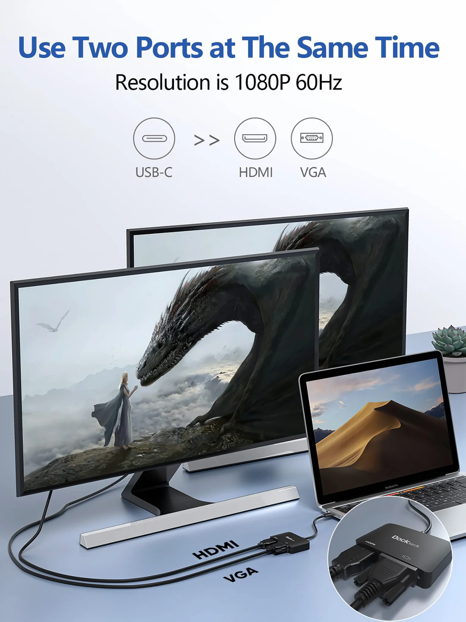 Dockteck Przejściówka z USB-C na HDMI 4K 60Hz, przejściówka 2 w 1 z VGA, do MacBook Pro/Air M1, iPad Pro/Air/Mini 6, Dell Xps 13/15