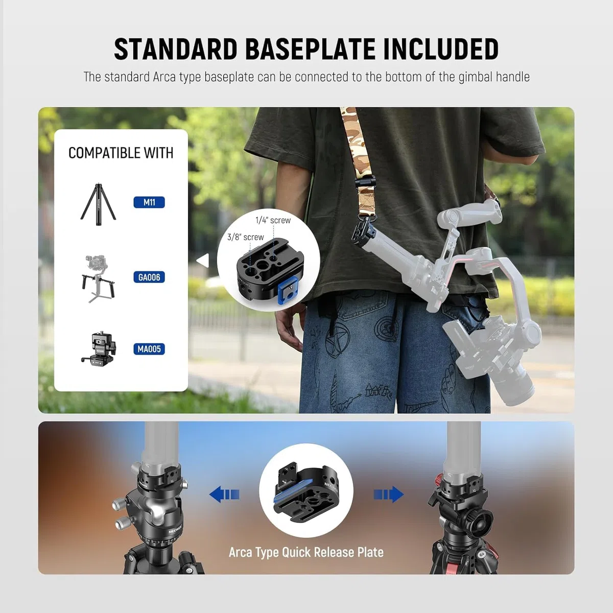 NEEWER RS4 RS3 Gimbal pasek na ramię, redukujący wagę, wyściełany, regulowany pasek z podstawą, szybkie odpinanie, klamra QD, kompatybilny z DJI RS4 RS4 Pro RS3 RS3 Pro RS2, moro, GA018