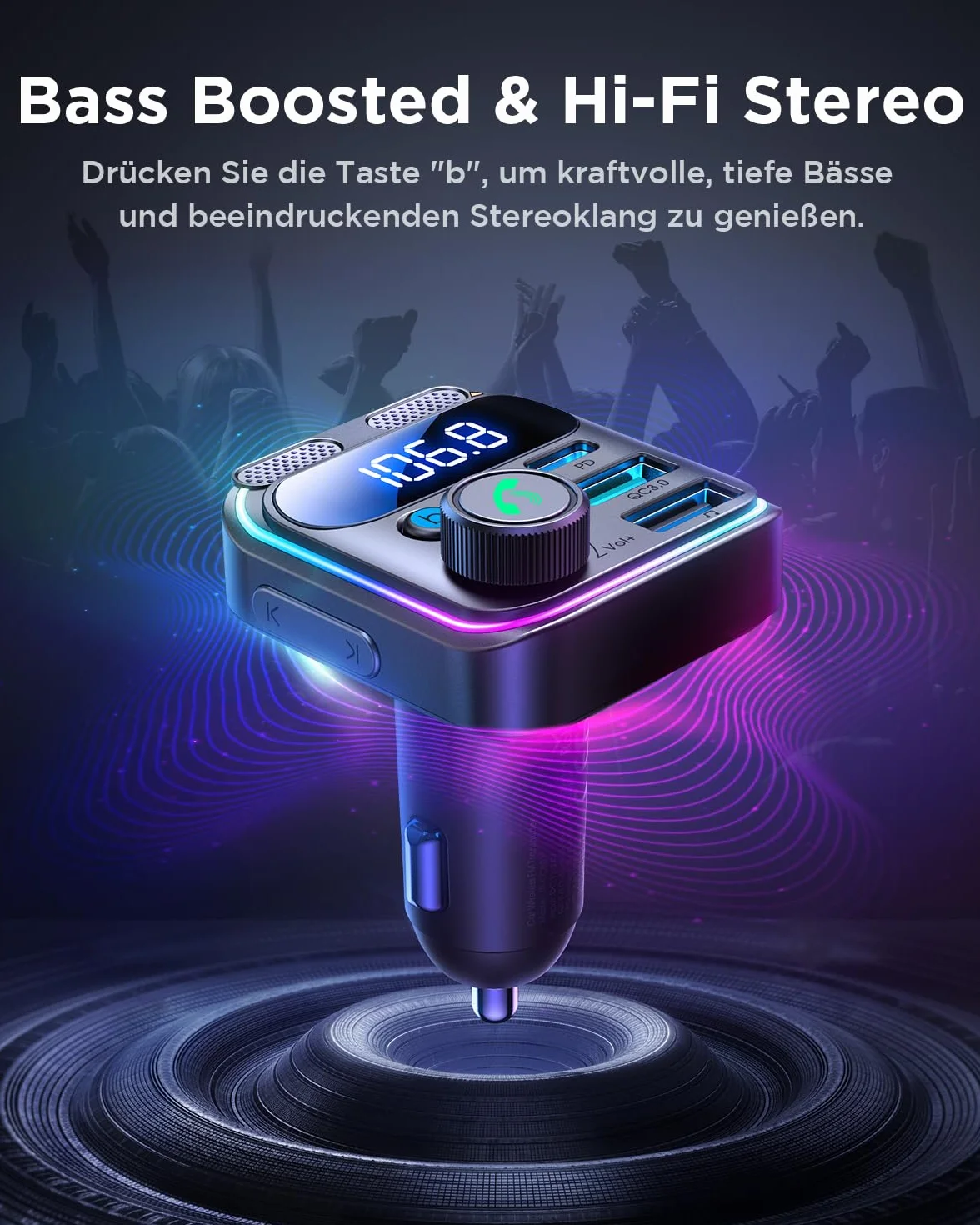 JOYROOM Samochodowy nadajnik FM Bluetooth 5.4 81 W, stereo basowe i HiFi: 【45 W PD i 36 W QC 3.0】 Samochodowy adapter Bluetooth, zestaw głośnomówiący i podwójny mikrofon, Bluetooth i dysk U