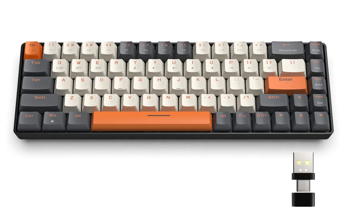 K68 60% Bezprzewodowa Mechaniczna Klawiatura do Gier,Bluetooth 5.0/2.4Ghz 68 Klawiszy Kompaktowa Klawiatura z Odbiornikiem w Dwóch Trybach,Hot Swap,Czerwone przełączniki,na PC,PS4(Zmierzch)