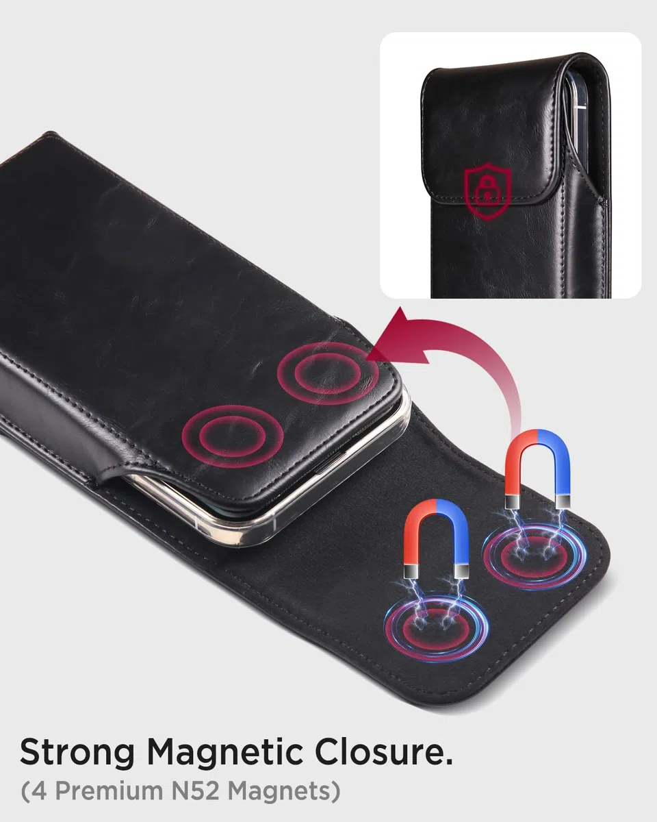 Miimall Etui na telefon kompatybilne z iPhone 17 Pro Max, [zamknięcie magnetyczne] [klips do paska] skórzane etui uchwyt na telefon, osłona szlufki na pasek do iPhone'a 17 Pro Max, czarna