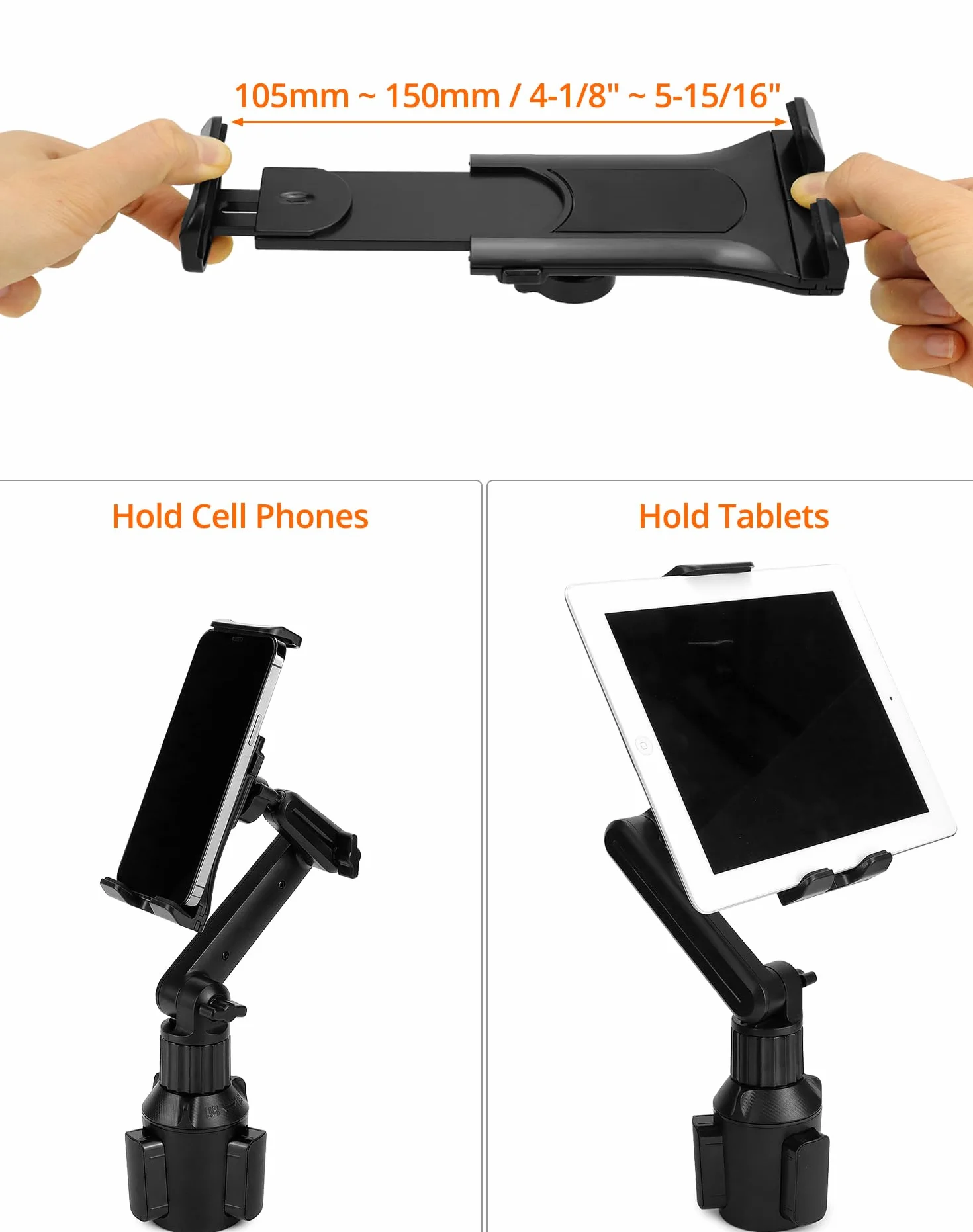 QWORK Samochodowy uchwyt na tablet, uchwyt na smartfon, rozszerzalna podstawa 60 – 110 mm – montaż na szczelinie samochodowego uchwytu na napoje