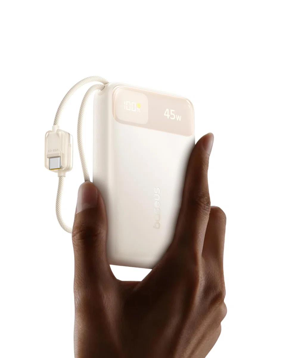 Baseus FC11 Power Bank 45 W 20000 mAh przenośna ładowarka z podwójnym wbudowanym kablem, mały powerbank CCC z inteligentnym wyświetlaczem, zwijany kabel, akumulator do iPhone'a 17/16, iPada, laptopa