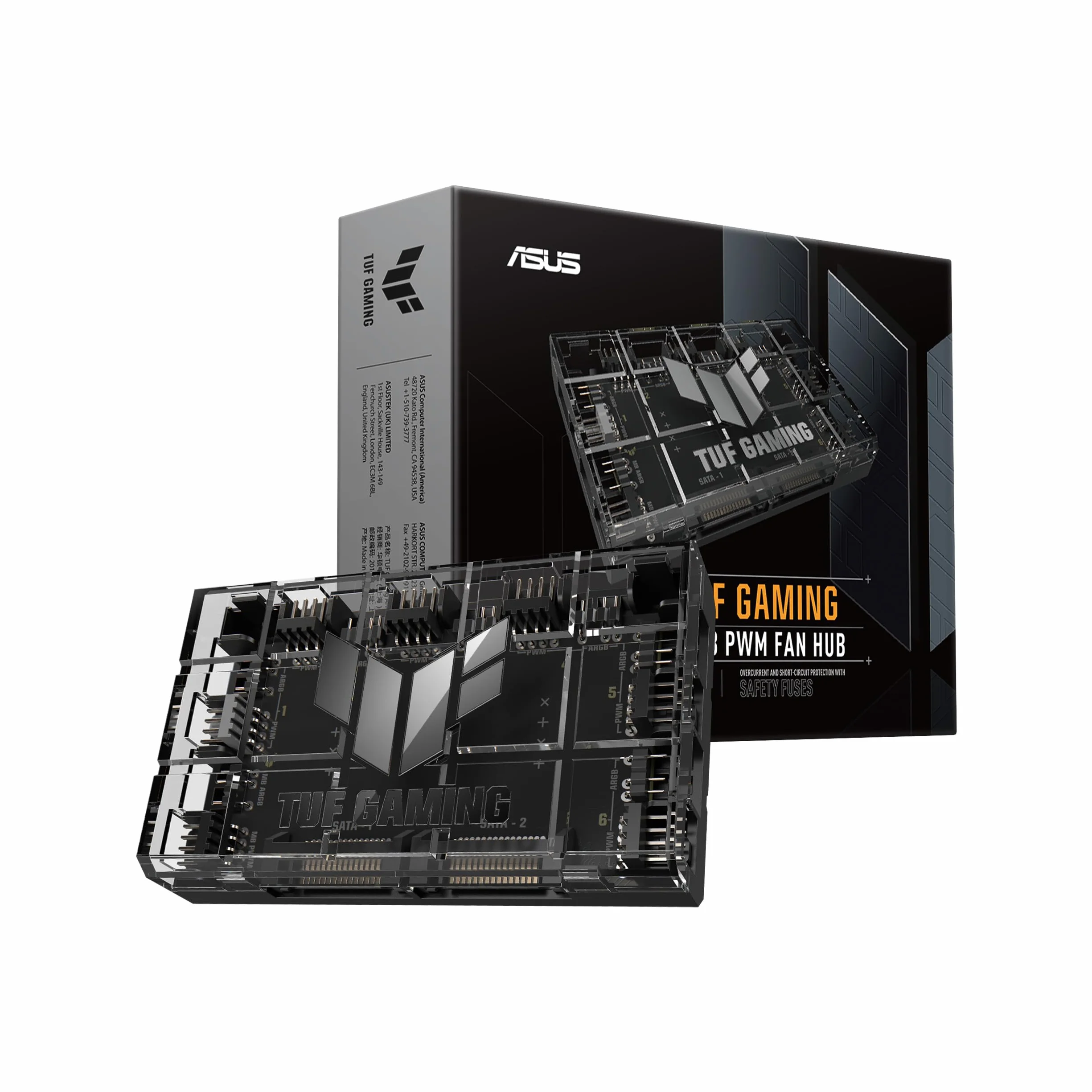 ASUS TUF Gaming ARGB PWM Hub wentylatora (6 portów do wentylatora obudowy PWM i sterowania ARGB, 2 x złącza zasilania SATA, synchronizacja chłodzenia i efektów świetlnych, magnetyczne mocowanie,