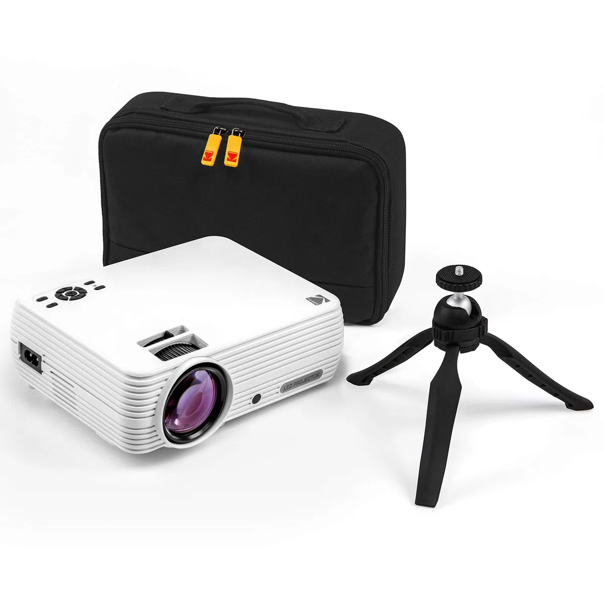 KODAK Projektor domowy FLIK X7 (Max 1080p HD) ze statywem i obudową w zestawie | kompaktowy, projekty do 150 cali z rodzimą rozdzielczością 720p i 30 000 godzin, lumenowa lampa LED