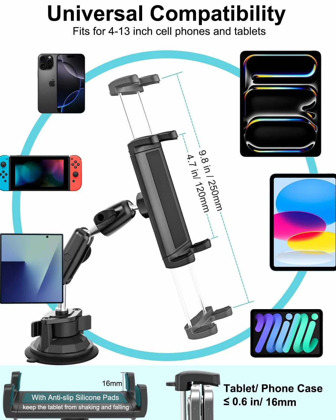 Uchwyt na tablet traktor, mocna przyssawka uchwyt do tabletu do maszyn rolniczych, wytrzymały stojak na przednią szybę traktora do iPad Pro 12.9, 11, Air, Mini, Galaxy Tab, Z Fold, iPhone