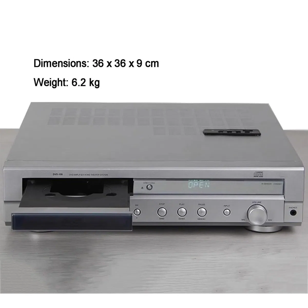 Wzmacniacz kina domowego 5.1, odtwarzacz DVD z kanałami dźwięku przestrzennego z pilotem, obsługuje USB, wyjście optyczne i koncentryczne, amplituner stereo z regulacją głośności