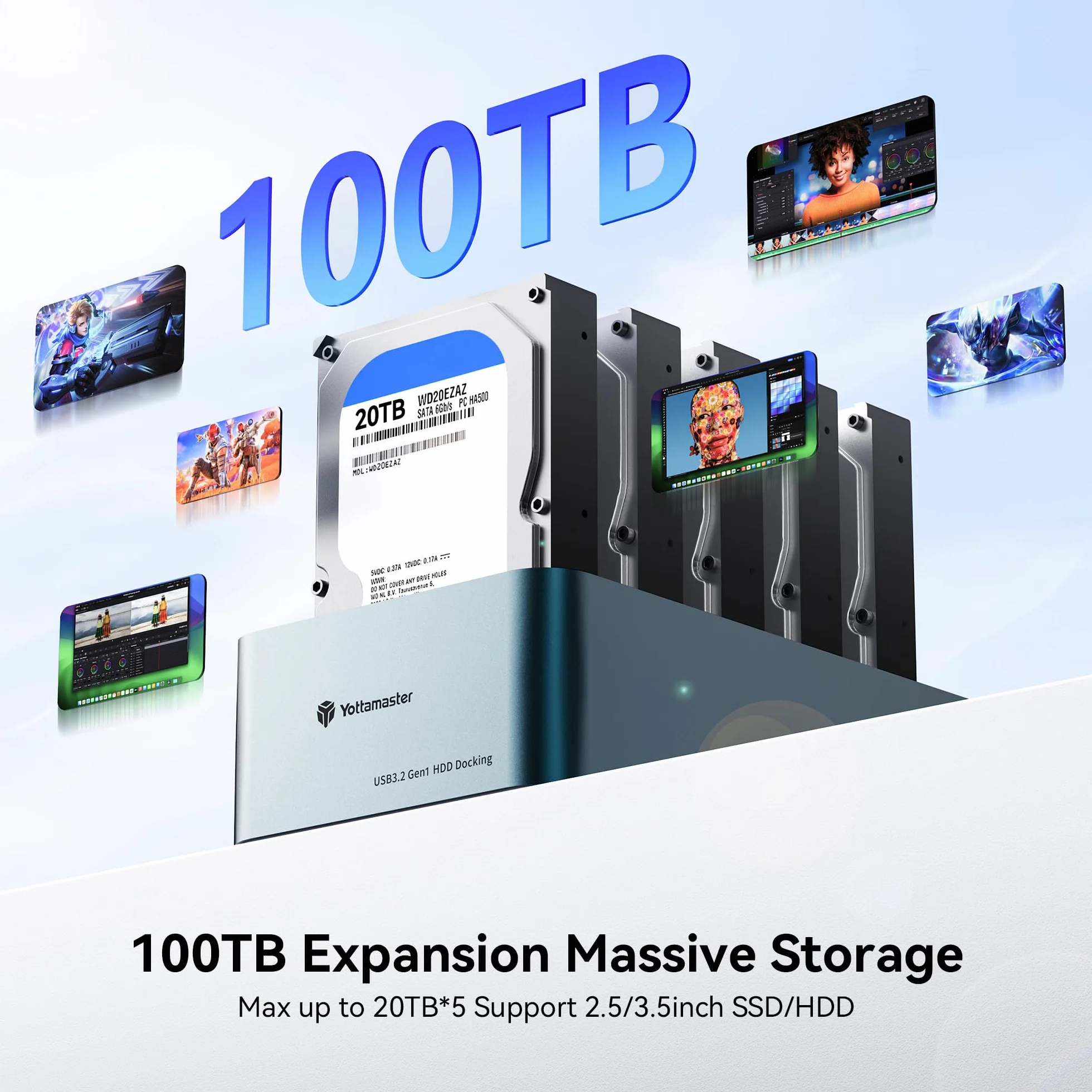 Yottamaster 5 Bay Aluminiowa stacja dokująca do 2,5/3,5 cala SATA SSD HDD USB 3.2 Gen1 12V 6.5A obsługa 18 TB