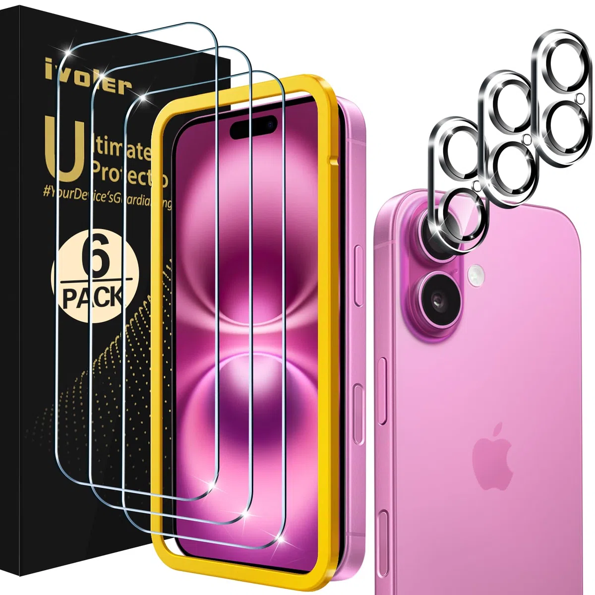 iVoler Szkło hartowane do iPhone 16 – 3 szt. folia ochronna z folią na aparat i ramką montażową, HD, bez pęcherzyków