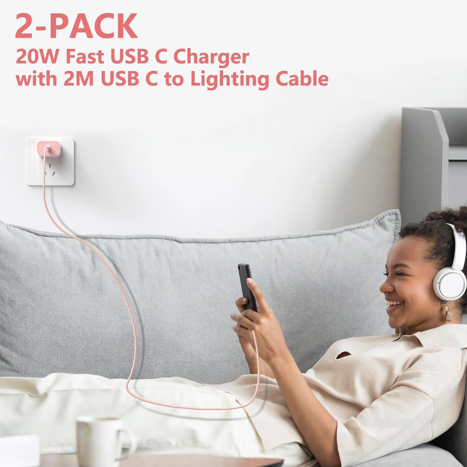 2Pack 20W USB C Ładowarka Phone 14 13, PD3.0 USB-C 20W Szybka Ladowarka i Lighting Kabel Ladowania 2m do Phone 14/14 Plus/14 Pro/14 Pro Max/13/12/11/Mini/SE/Pad - Różowy