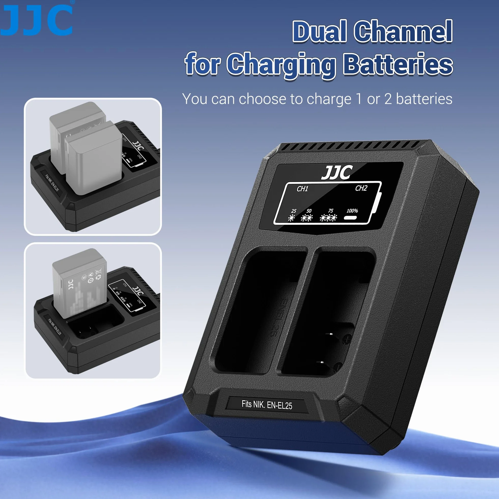 JJC Podwójna ładowarka USB-C kompatybilna z Nikon Zf Z7II Z7 Z6III Z6II Z6 Z5II Z5 D850 D780 D750 D610 D600 D500 D7500 D7200 D7100 D7000 Zastępuje aparaty Nik. EN-EL15/EL15 15a/EL